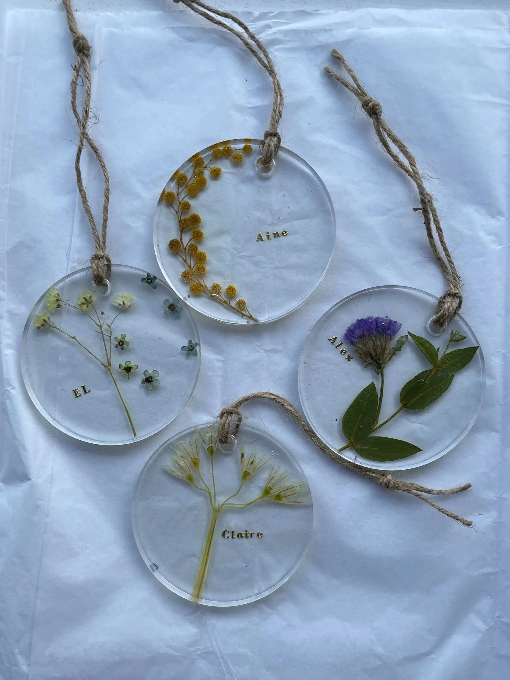 Four round transparent decorative glass pieces with pressed flowers, each labeled with a name in gold: Aine, Alex, Claire, El, connected by twine.