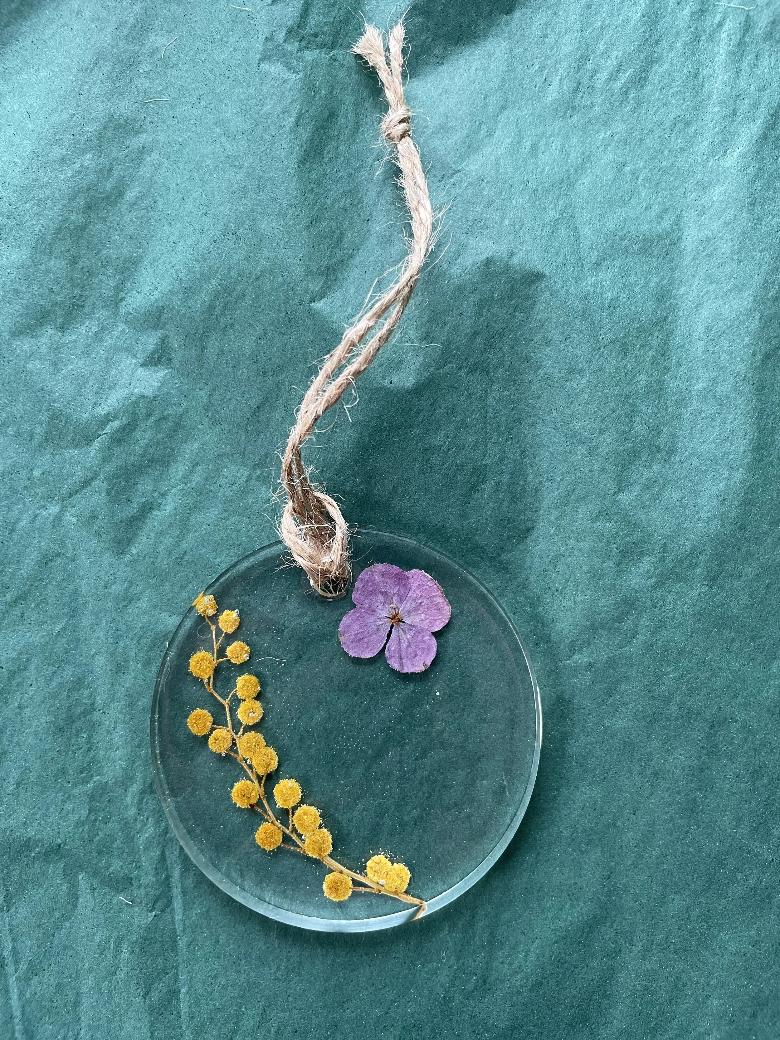 Lughnasa Pressed flower Decoration Mimosa and Hydrangea