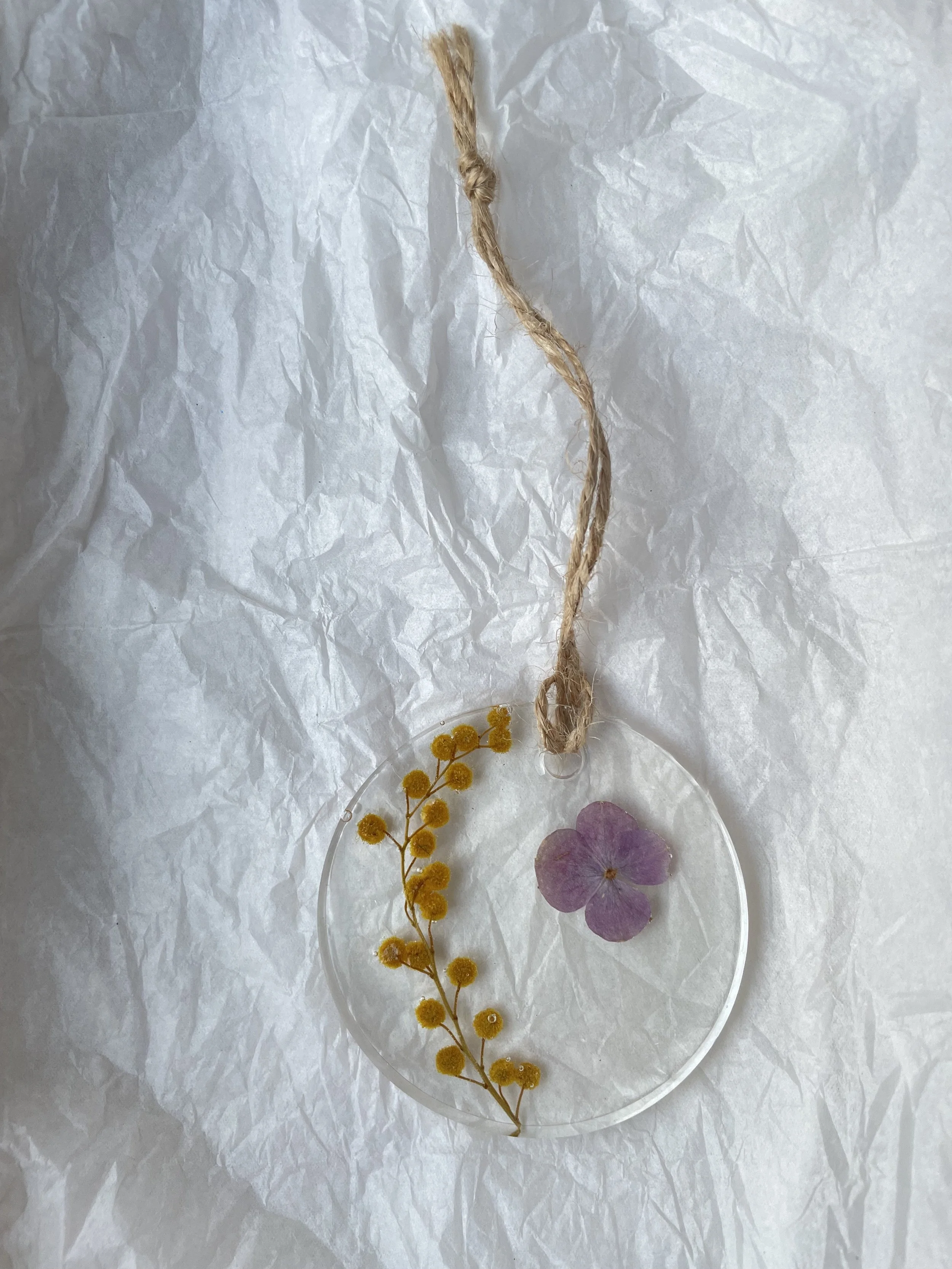 Lughnasa Pressed flower Decoration Mimosa and Hydrangea