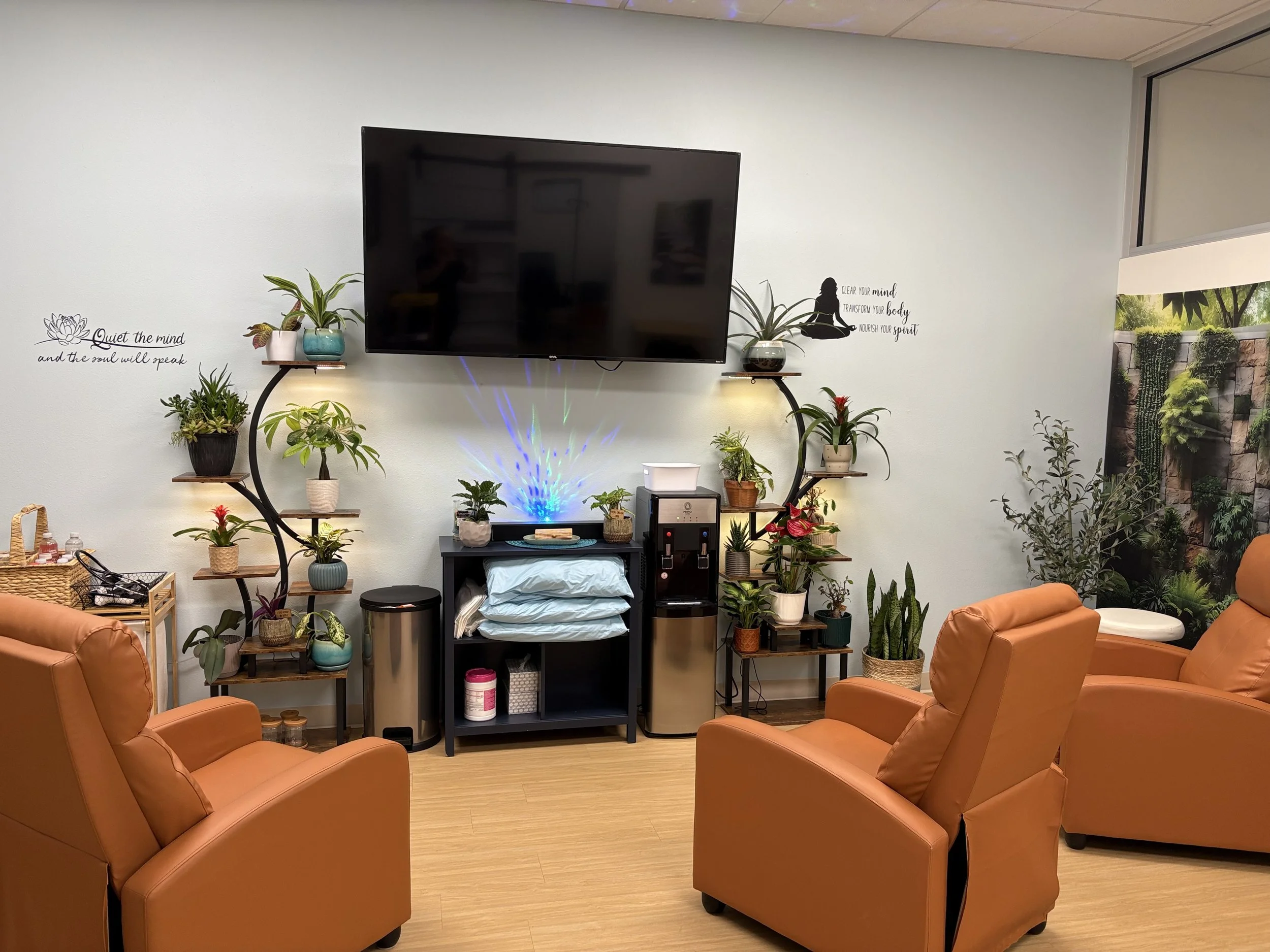 A cozy seating area with four orange chairs arranged in a semi-circle around a small black table. The background features a white wall decorated with motivational quotes and several indoor plants placed on wall-mounted shelves and the floor. A large 