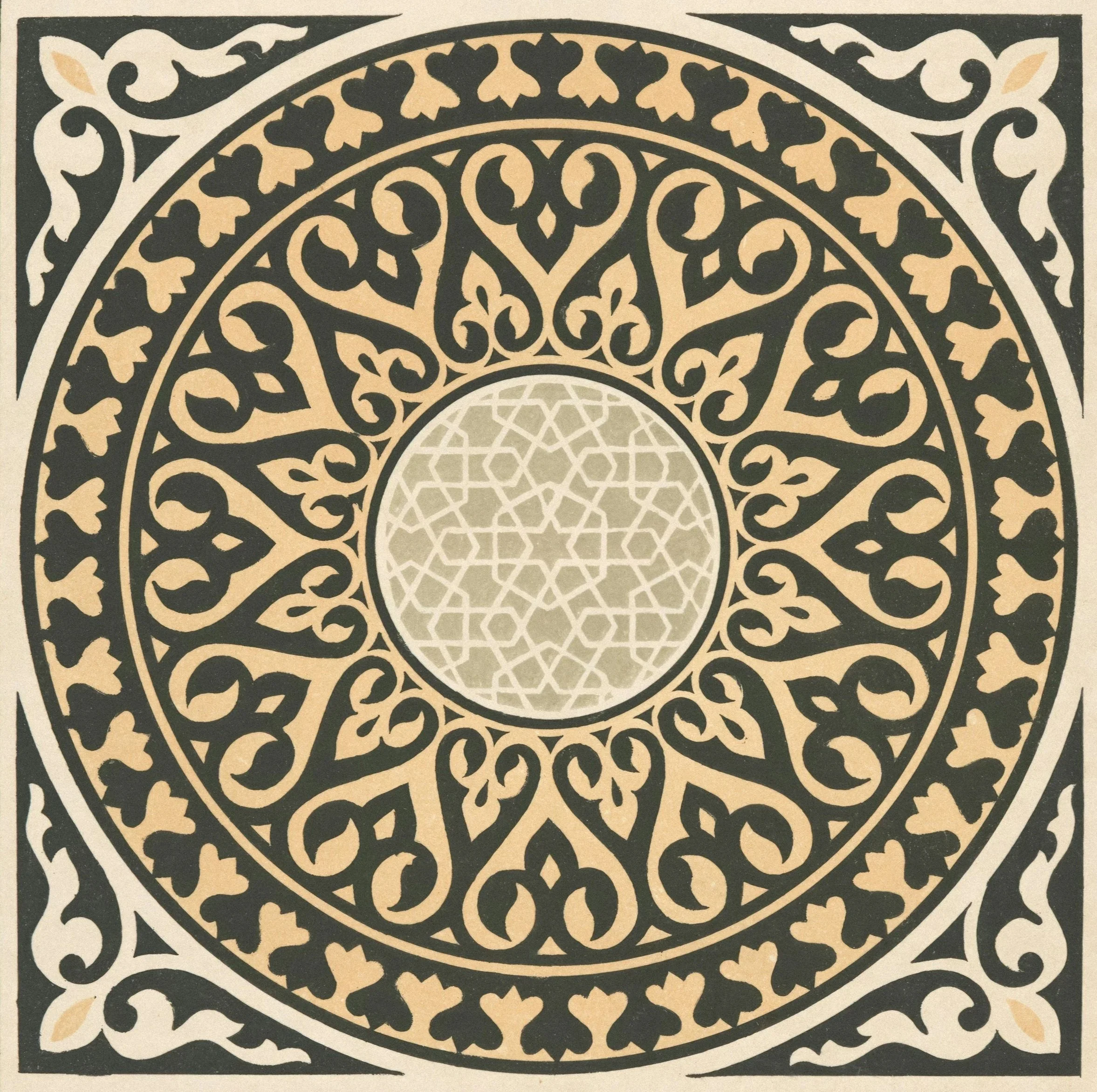 Close-up of an intricate, decorative geometric and floral pattern in black, beige, and white colors.