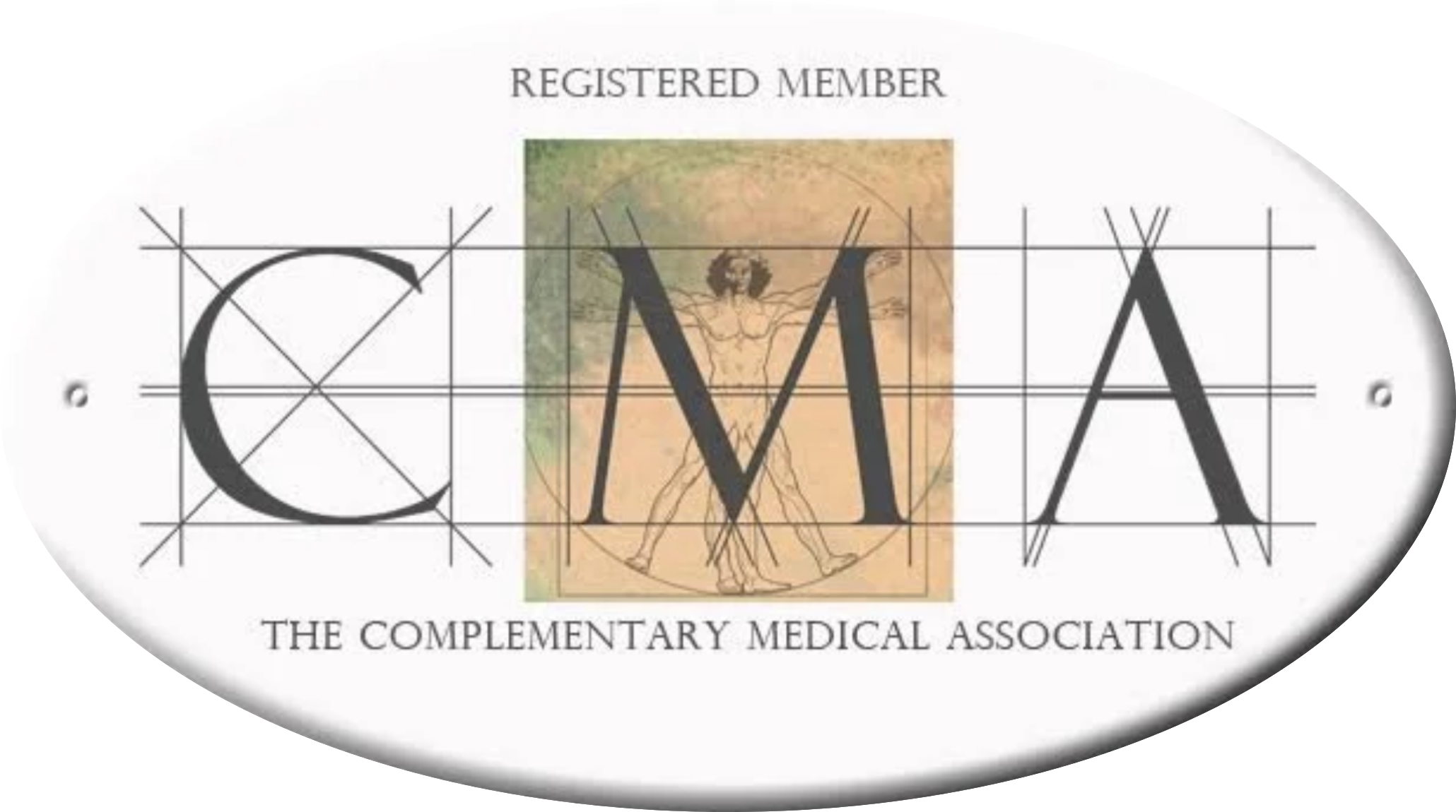 A logo of The Complementary Medical Association featuring a Vitruvian man drawing over a background of a map of the world, with stylized large black letters C, M, and A, and the words 'REGISTERED MEMBER' and 'THE COMPLEMENTARY MEDICAL ASSOCIATION'.