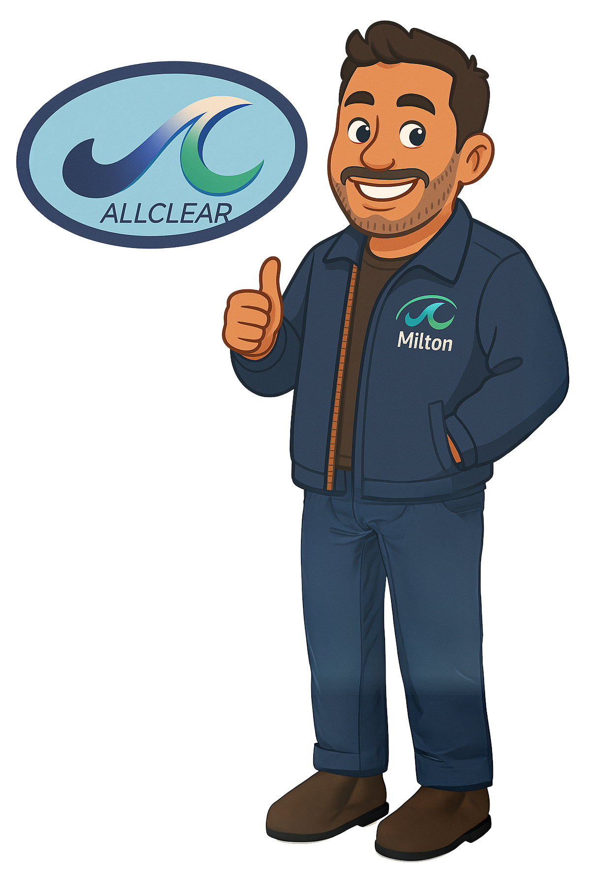 cartoon estimator giving thumbs up next to company logo
