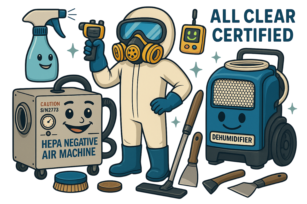 Illustration of cleaning and air purification equipment with a person in PPE gear holding a spray bottle, including an HEPA air filtration unit, a dehumidifier, cleaning tools, and cleaning products.
