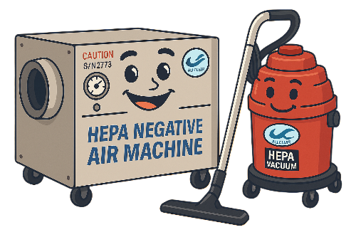 Illustration of a HEPA vacuum cleaner and a HEPA negative air machine, both with smiling cartoon faces