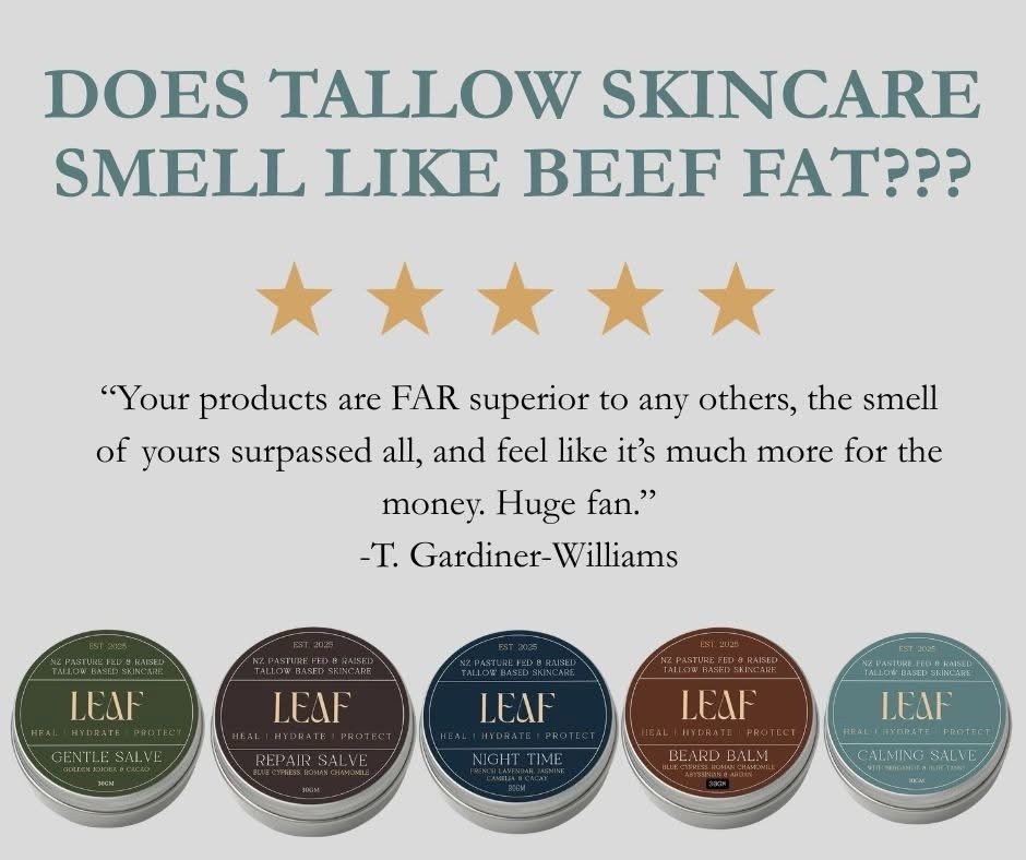 🍃High quality tallow shouldn&rsquo;t smell like beef fat, and we know this is one of the main concerns people have about tallow skincare.

Some tallow used in skincare is made using mixed fats and this can result in a slightly &lsquo;beefy&rsquo; sm