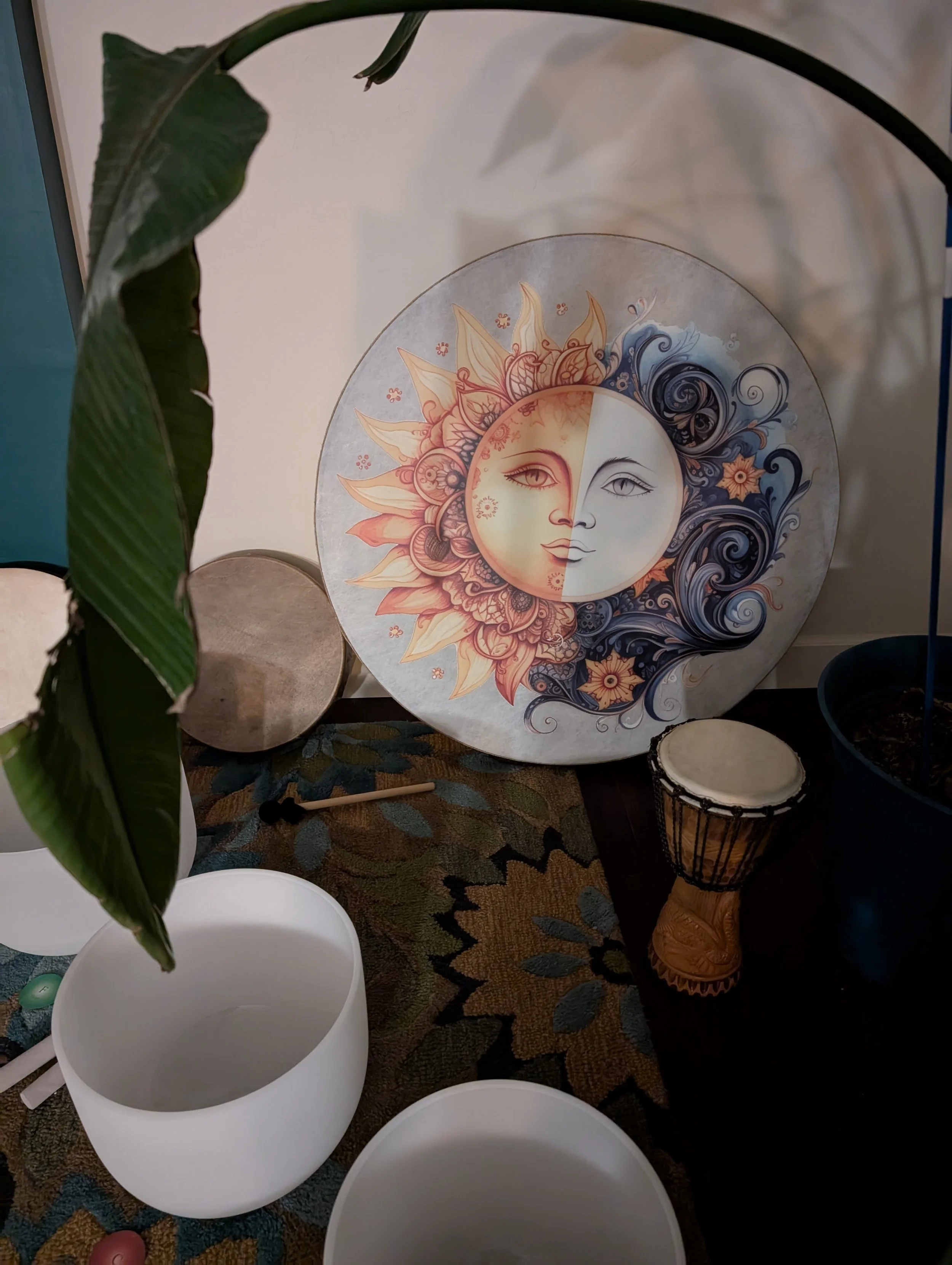 Shamanic drum and crystal bowls