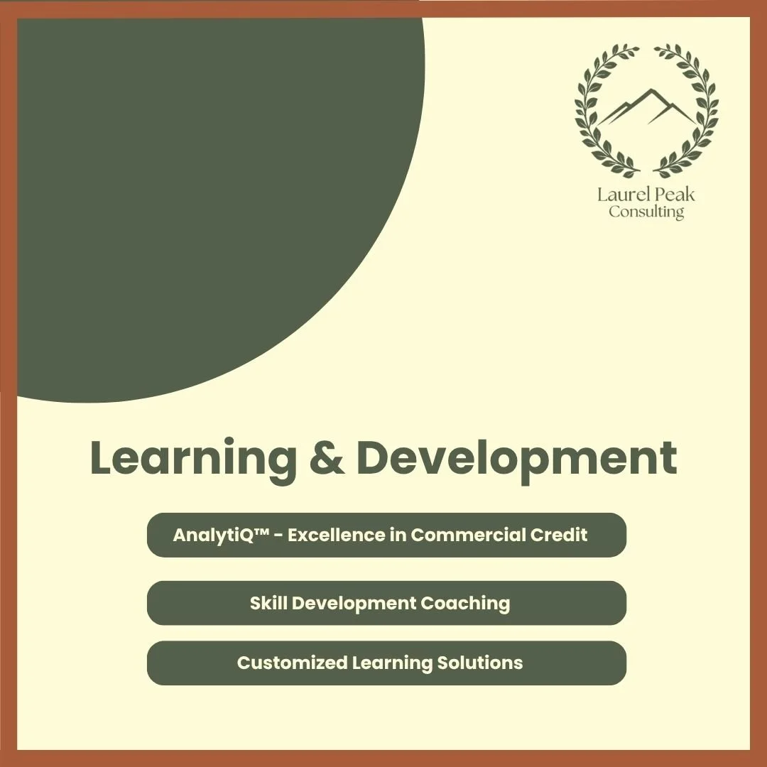 Business card or flyer for Laurel Peak Consulting with a green and beige color scheme, featuring a mountain logo and listing services like analytics, skill coaching, and customized learning solutions.