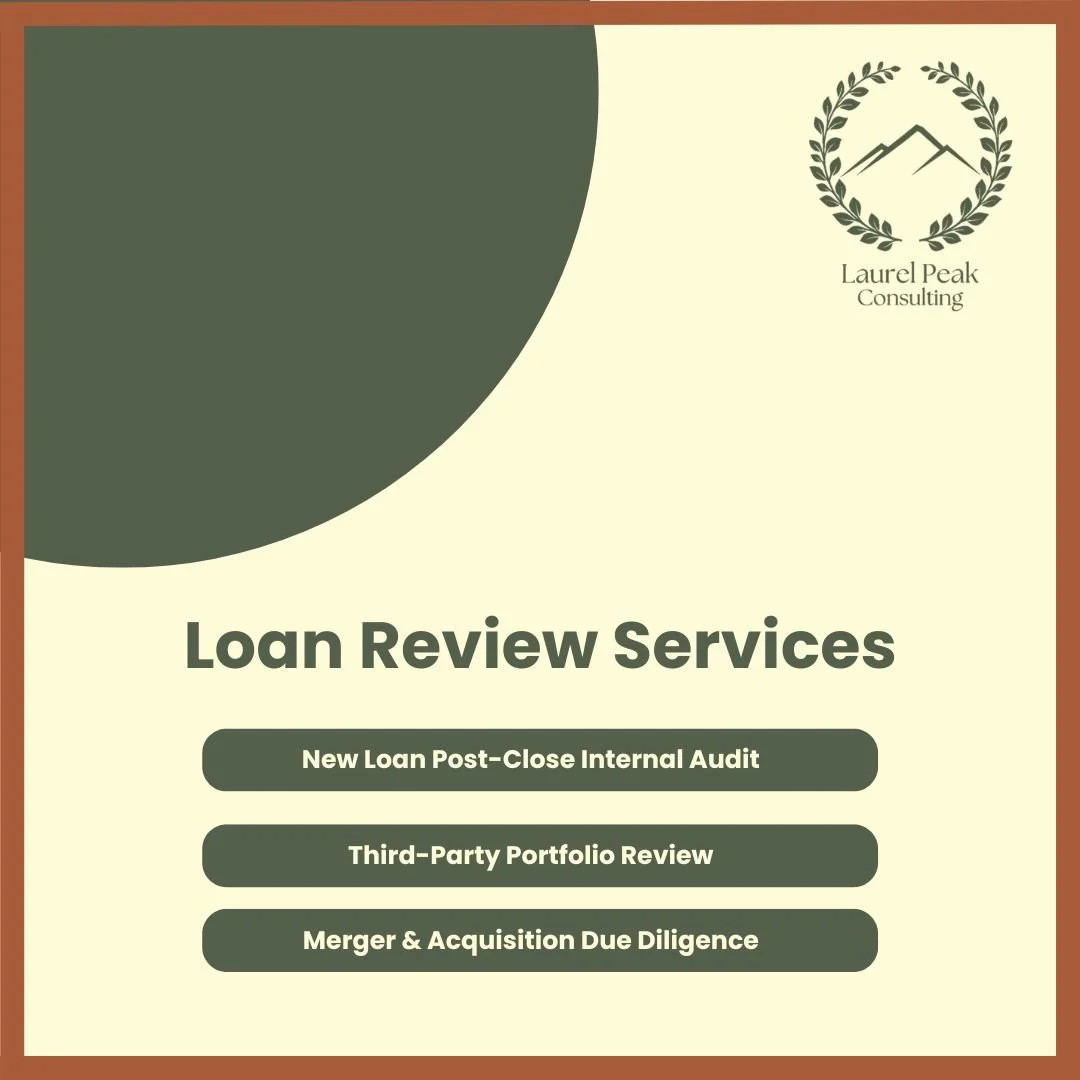 A business card for Laurel Peak Consulting featuring a mountain and laurel wreath logo, and a list of services including loan review, internal audit, client review, and due diligence, in green and beige tones.