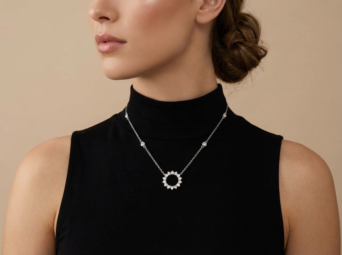 18K White Gold & Diamond Sunburst Circle Pendant (0.50ct)