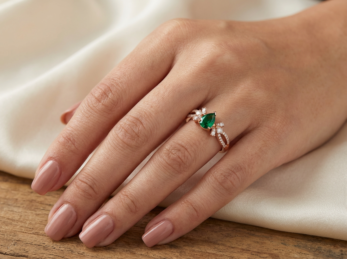 18K Rose Gold & Diamond With Emerald Ring (0.42ct)