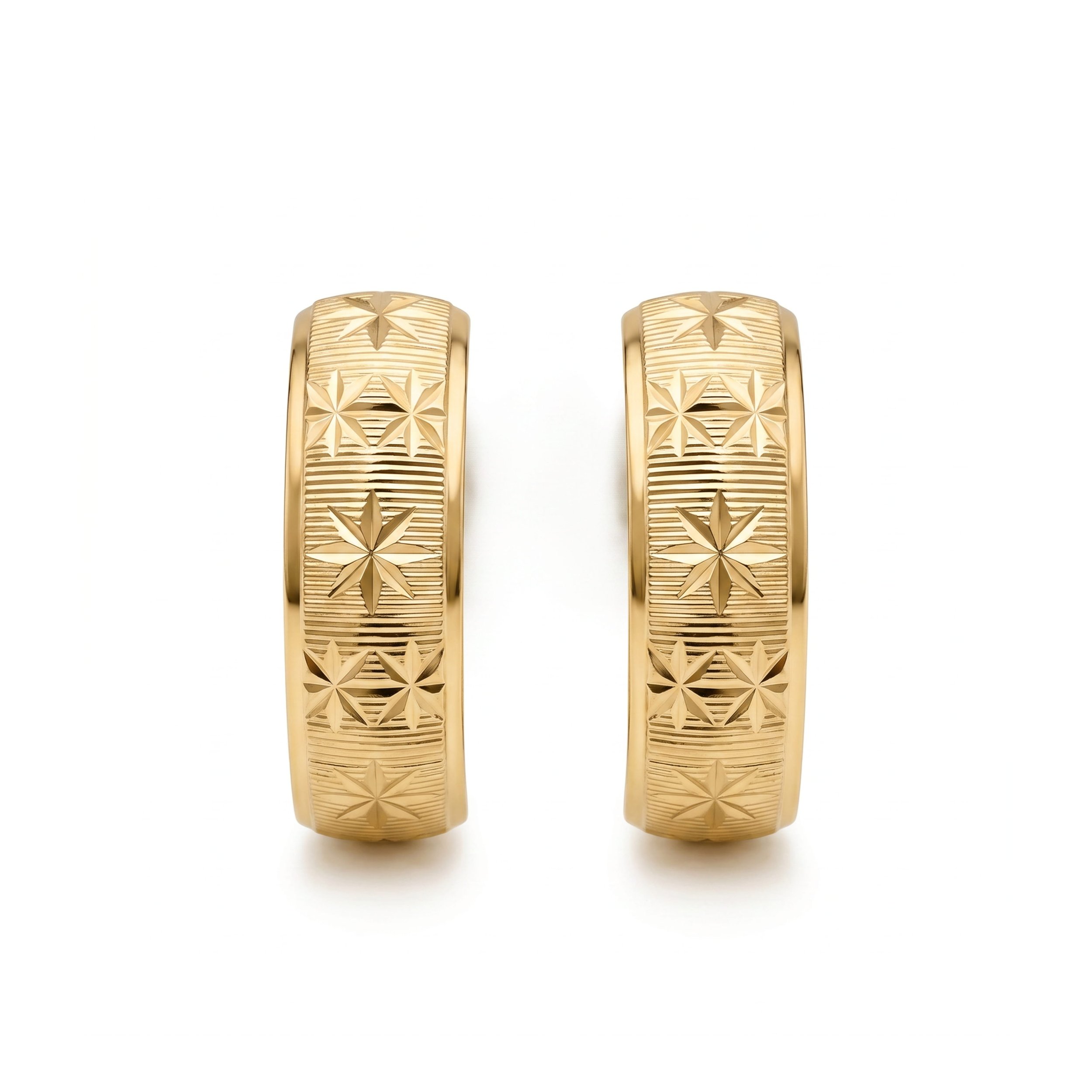 18K Yellow Gold Starburst Wide Huggie Earrings (2.15g)