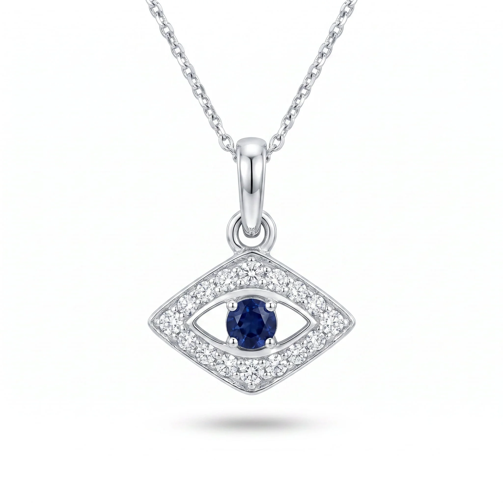 18K White Gold & Diamond Evil Eye Sapphire Necklace (0.20ct) (1.95g)