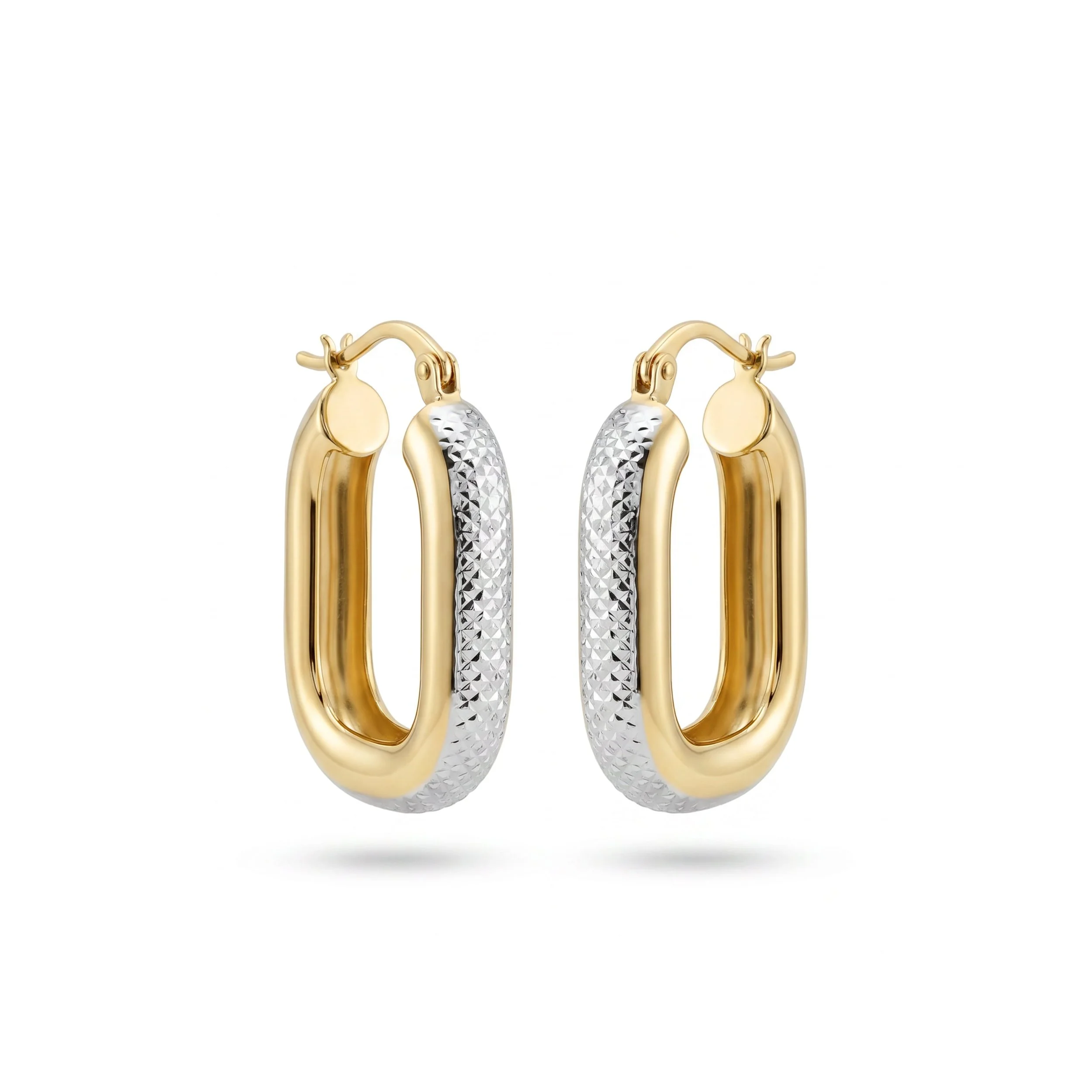 18K Yellow Gold Two-Tone Diamond-Cut Oval Hoop Earrings (4.33g)