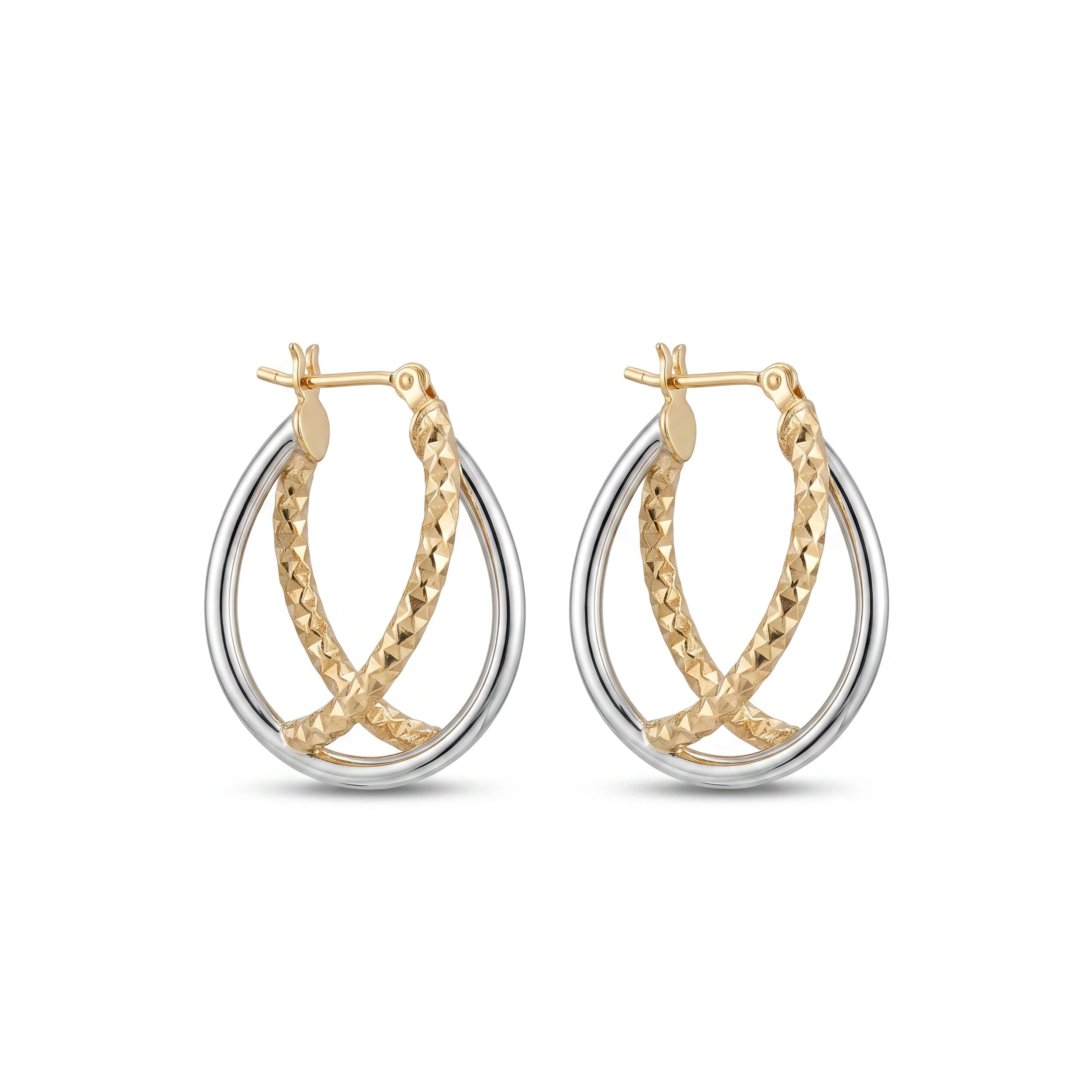 18K Yellow Gold Two-Tone Crossover Hoop Earrings (3.13g)
