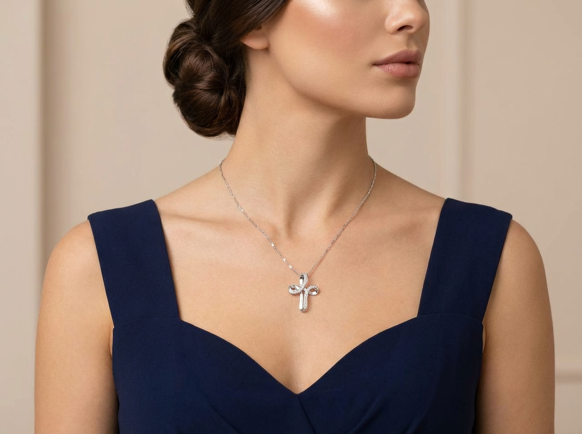 18K White Gold & Diamond Ribbon Cross Pendant (0.21ct)