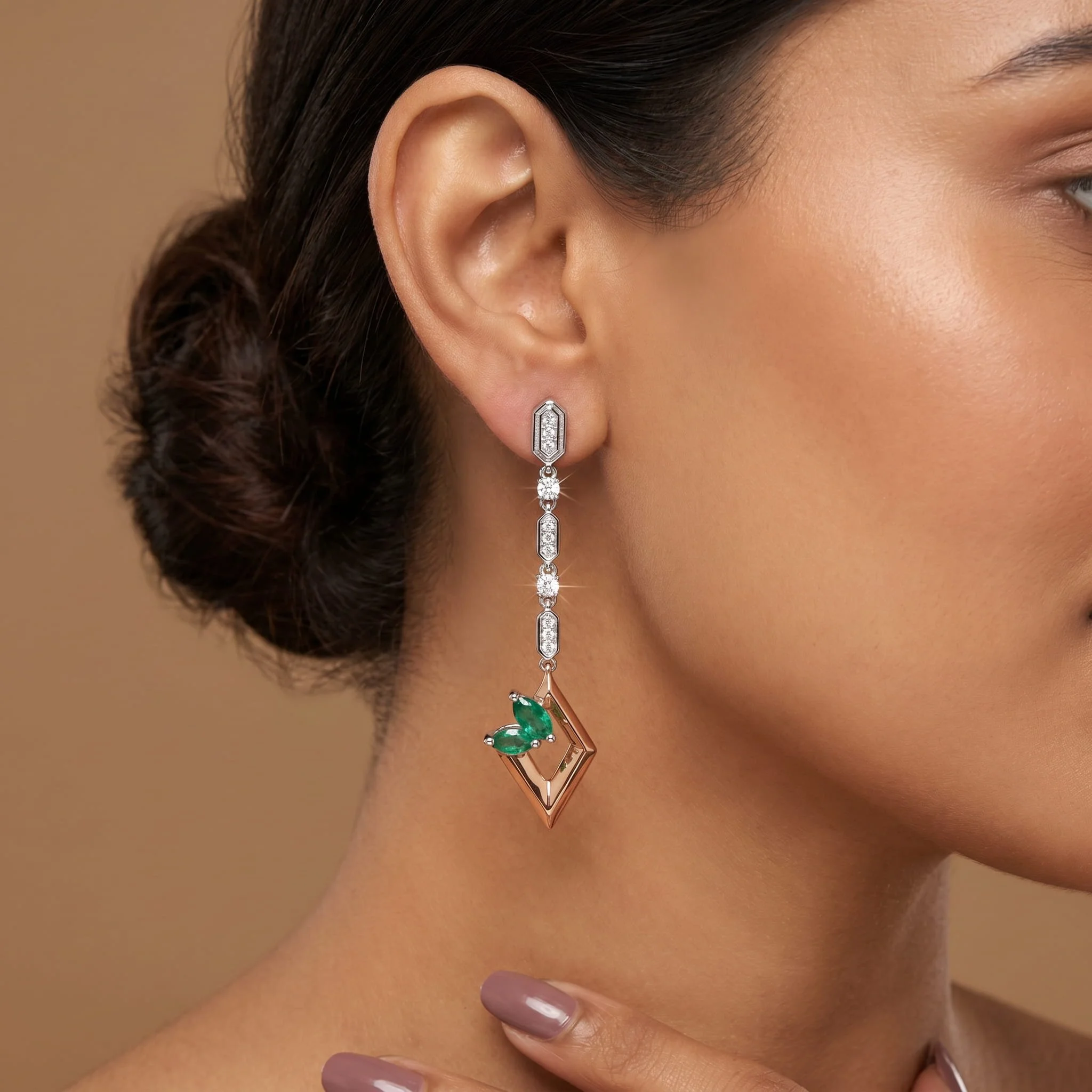 Firefly_Gemini Flash_Close-up profile of a woman's ear wearing a long two-tone drop earring, featuring a c 614346.jpg