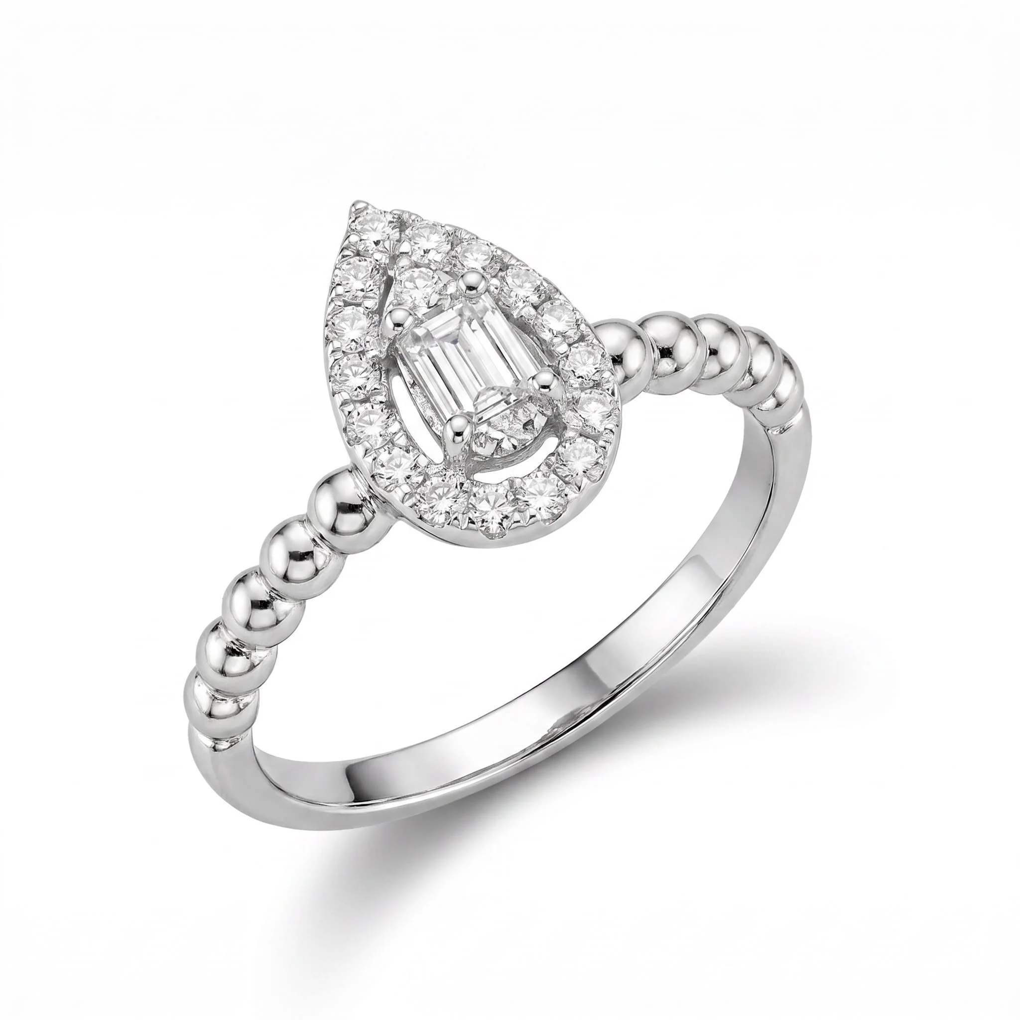 18K White Gold & Diamond Teardrop Baguette Ring (0.20ct) (2.80g)
