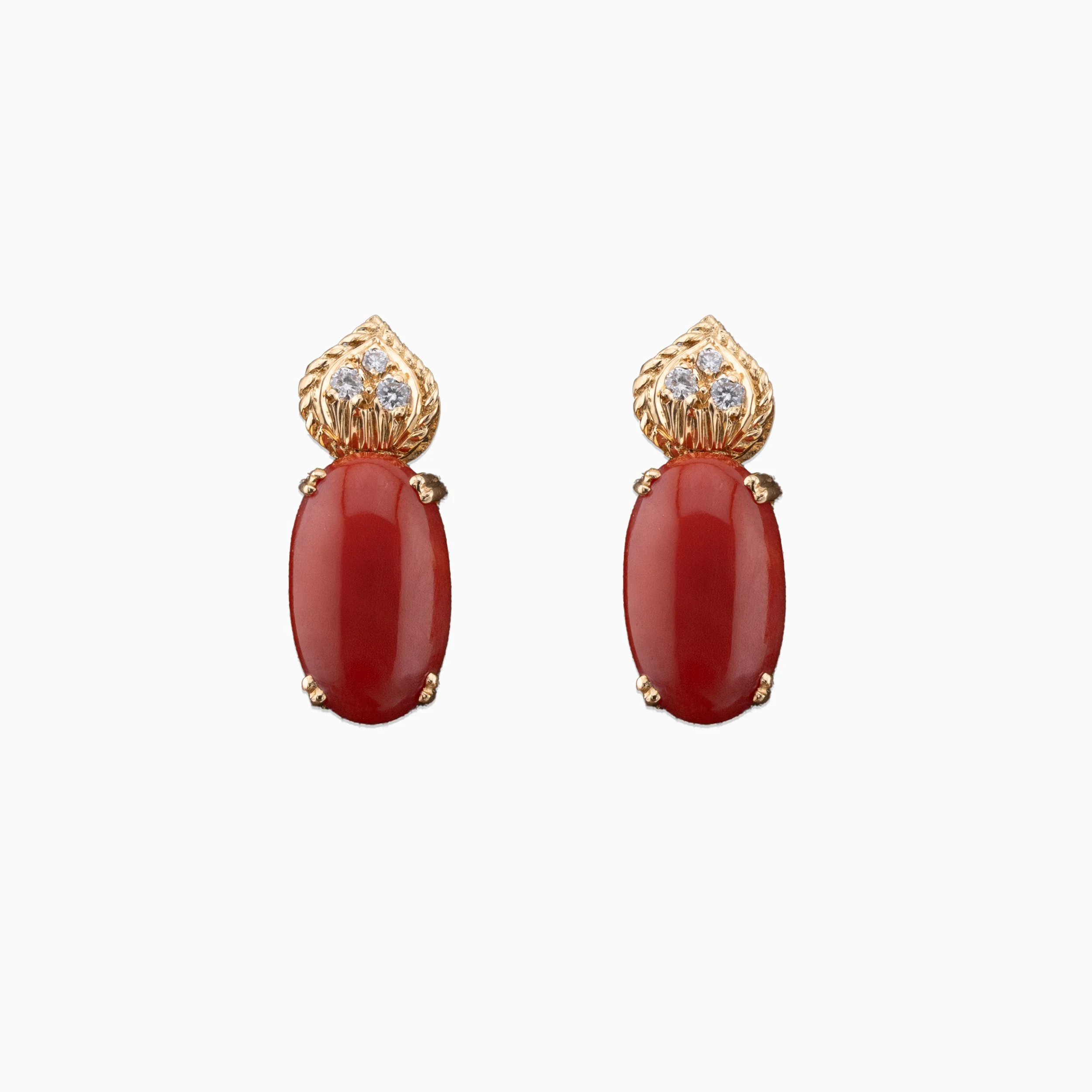18K Yellow Gold & Diamond Red Coral Earrings (0.30ct)