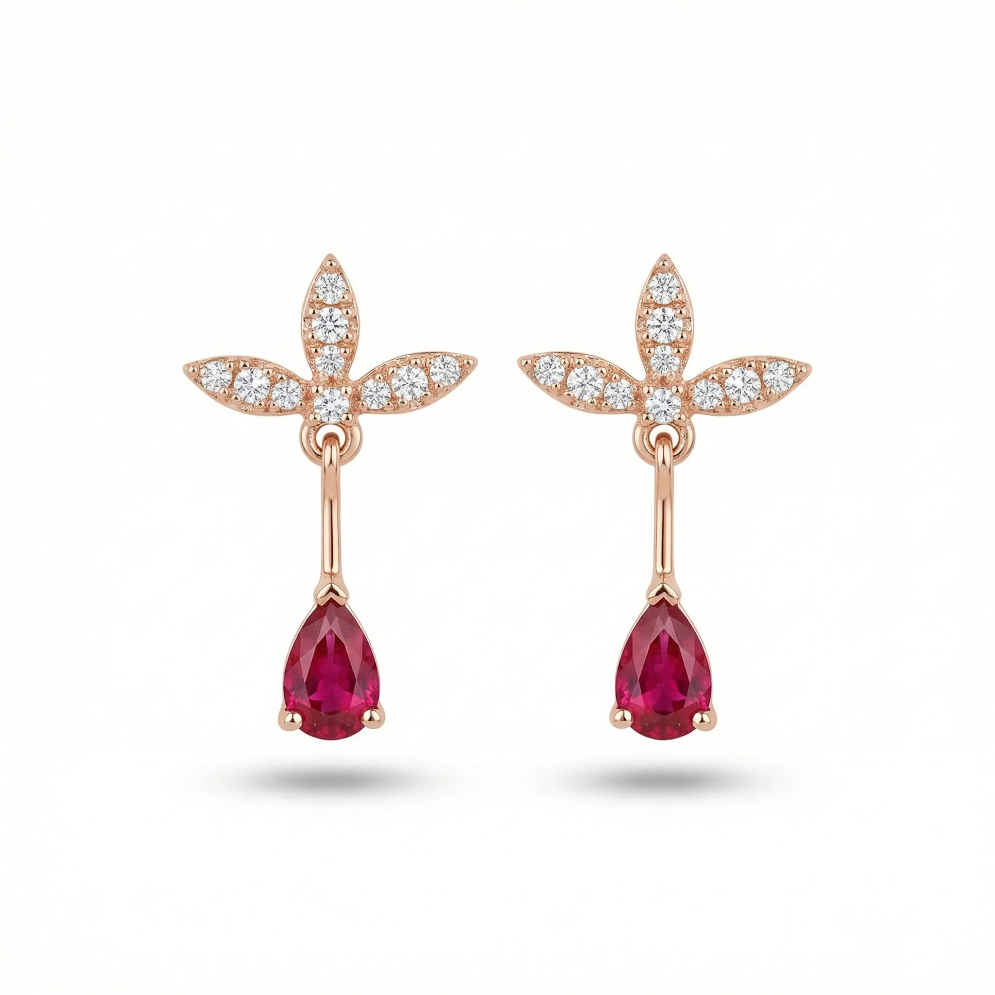 18K Rose Gold & Diamond With Ruby Drop Earrings (0.14ct) (2.40g)