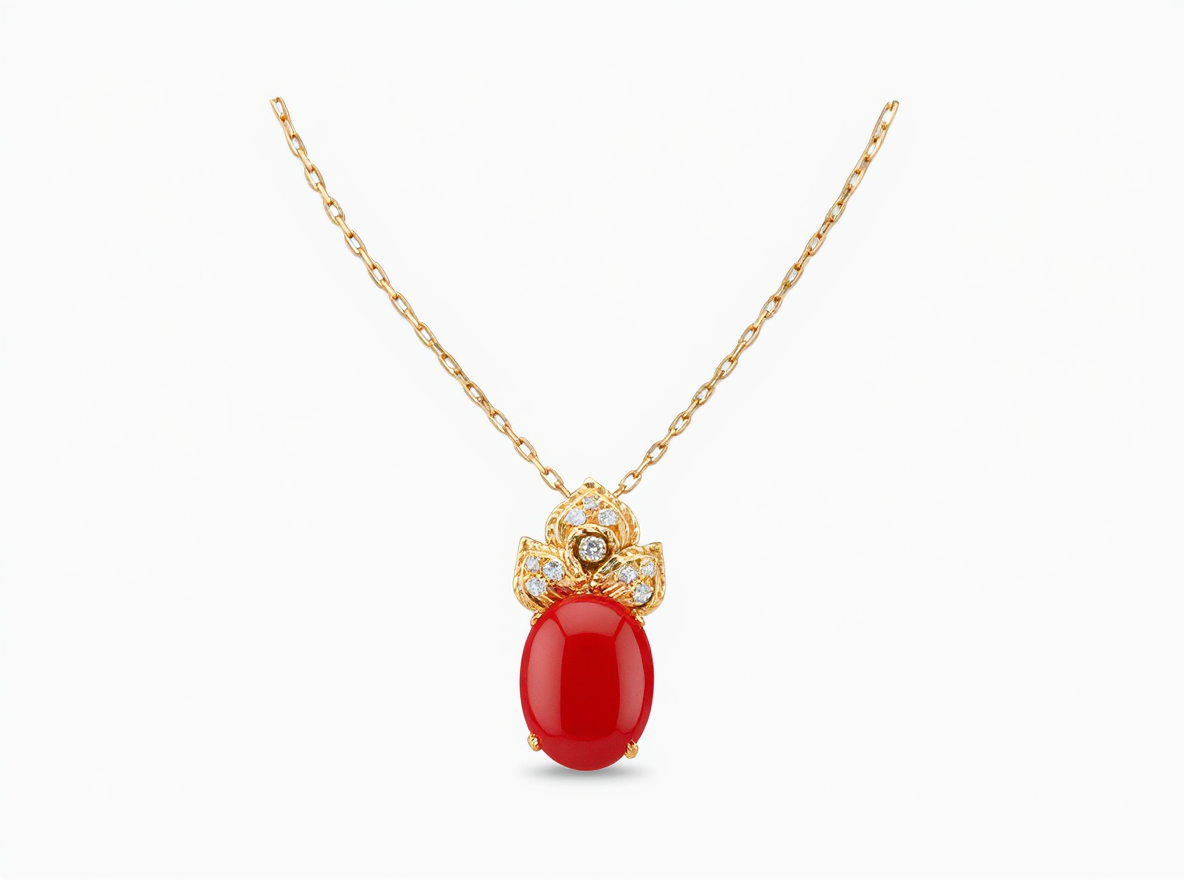 18K Yellow Gold & Diamond Red Coral Pendant (0.32ct)