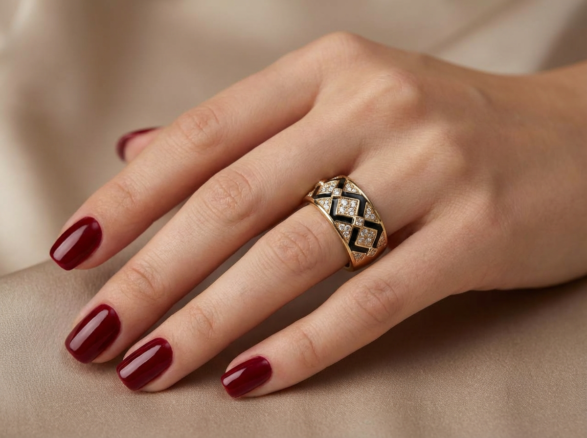 18K Yellow Gold & Diamond Black Enamel Ring (0.36ct)