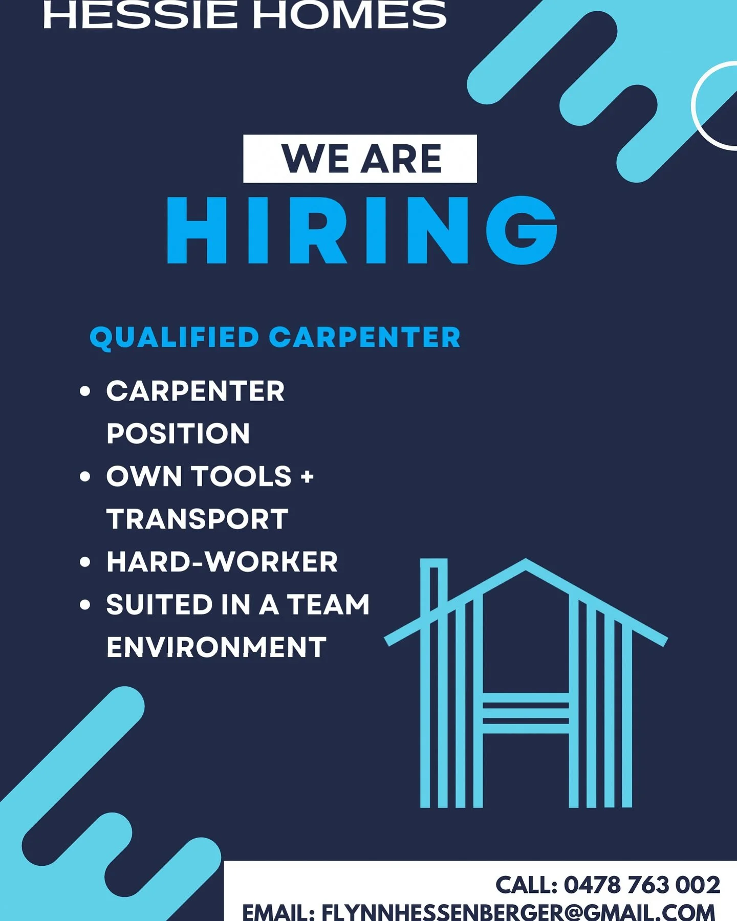 Junior or Senior Carpenter role available… join our team! Taking enquires via phone or email. Cheers
