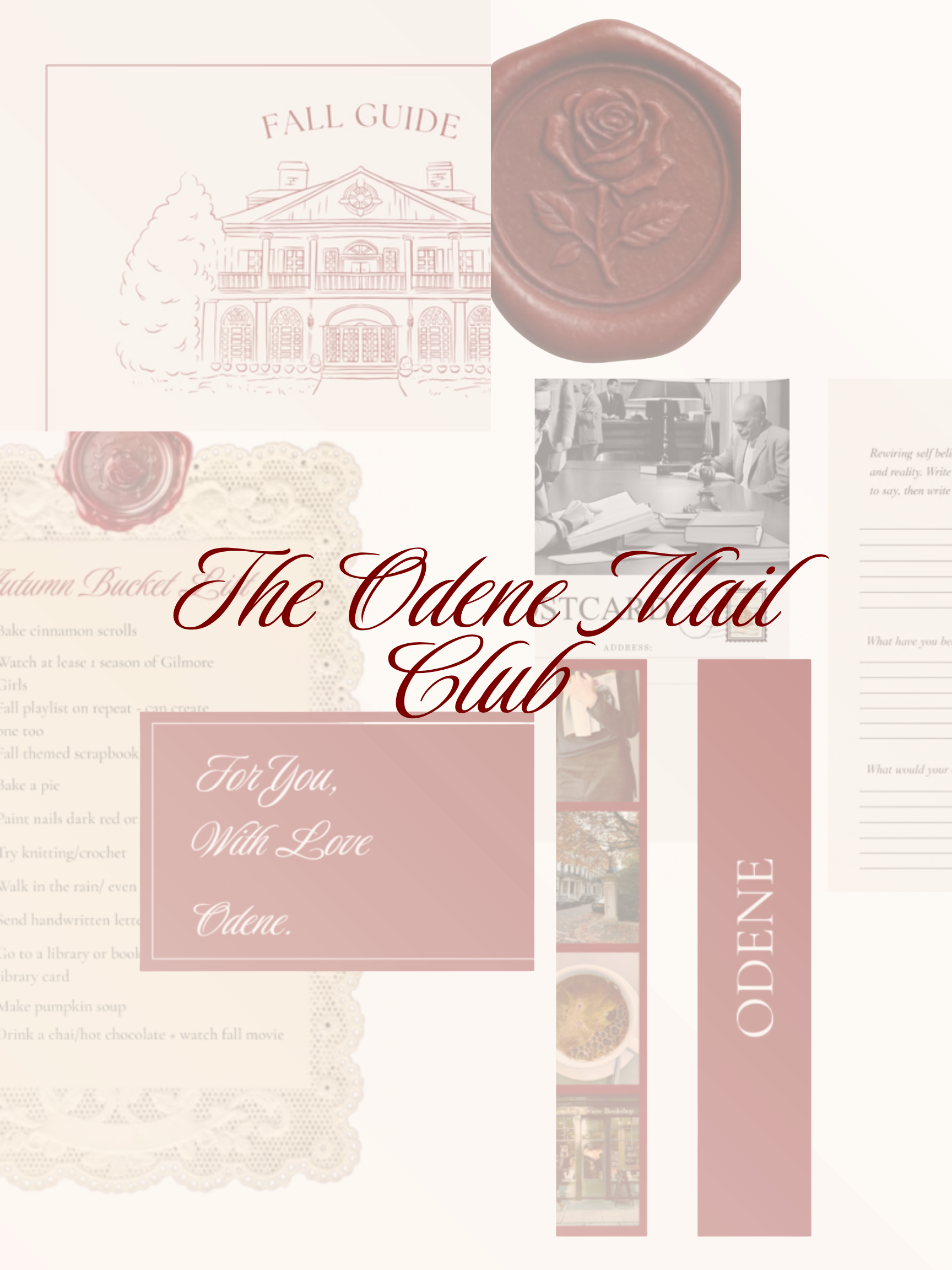Image of a fall-themed promotional flyer for The Ode to Mail Club, featuring a sketched house, a wax seal with a rose design, and a black-and-white photo of a person at a desk, with decorative text and background elements.