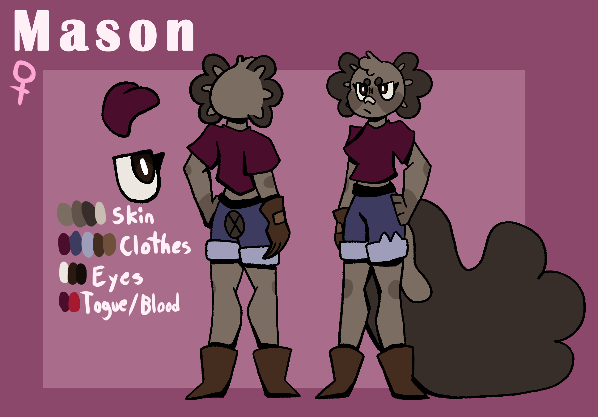 Character sheet of Mason, an wild-type axolotl with dark skin and curly hair, wearing a maroon crop top, ripped denim shorts, and brown boots,. The sheet shows front and back views, along with color key for skin, clothes, eyes, and tongue/blood, and