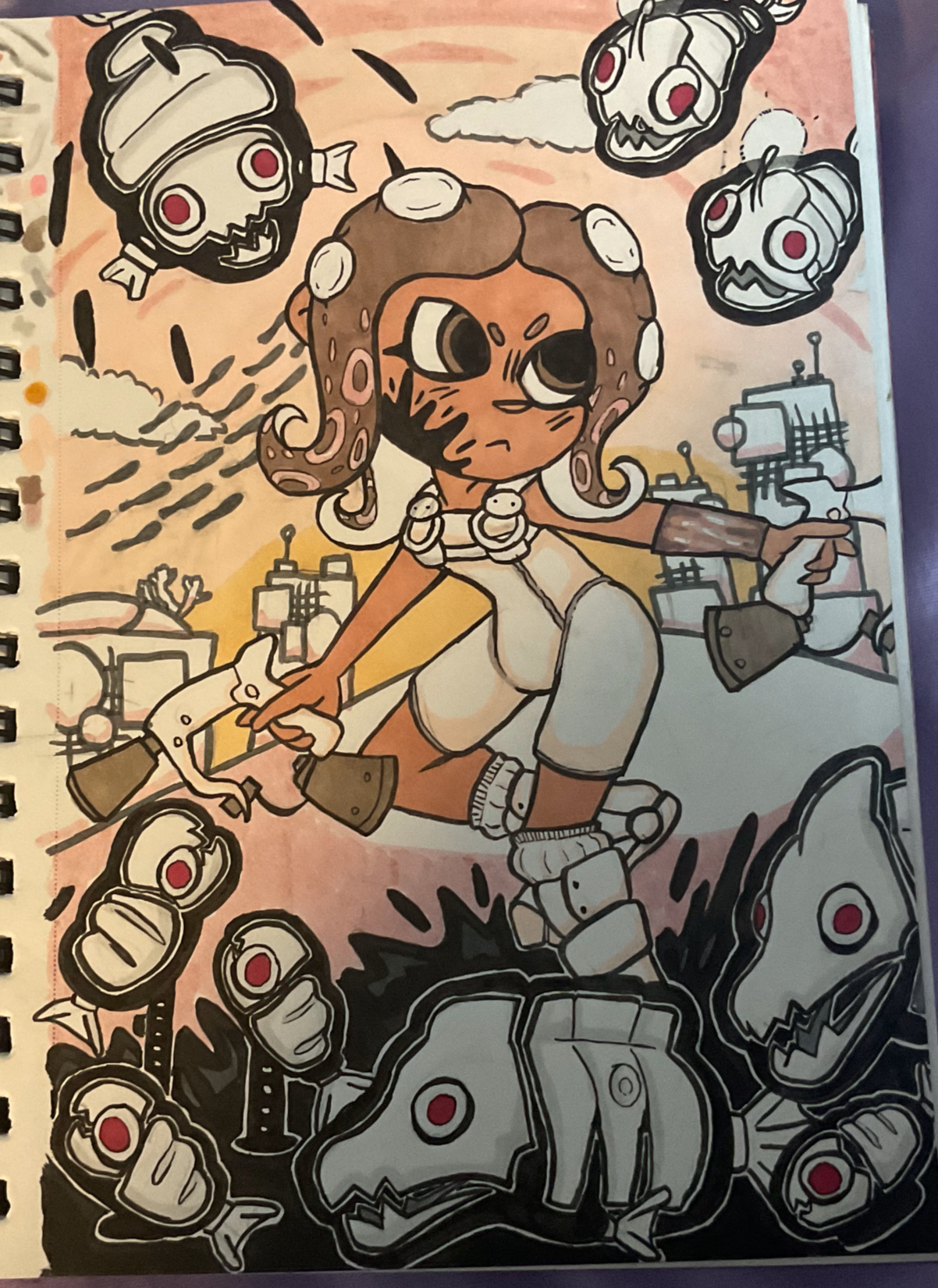 Side Order. Made in a sketchbook with acrylic markers. Based on the DLC of the Nintendo game Splatoon 3.