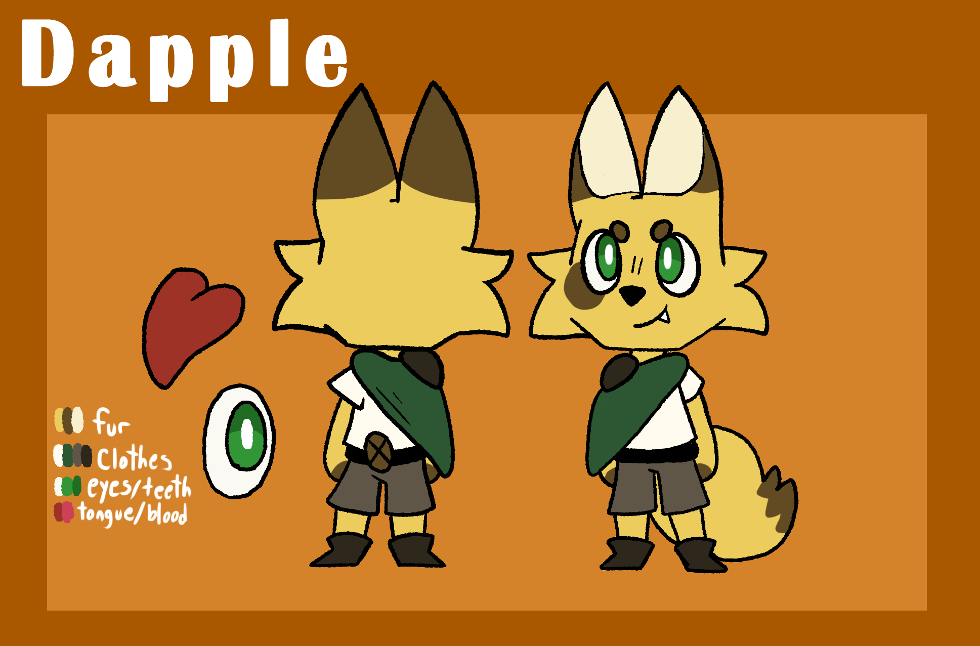 Digital character sheet of a fox-like creature named Dapple, showing front and back views. The character has green eyes, a sunkissed mustard and brown fur pattern, and wears a white shirt, gray shorts, and a green cape. The sheet includes a red tongu