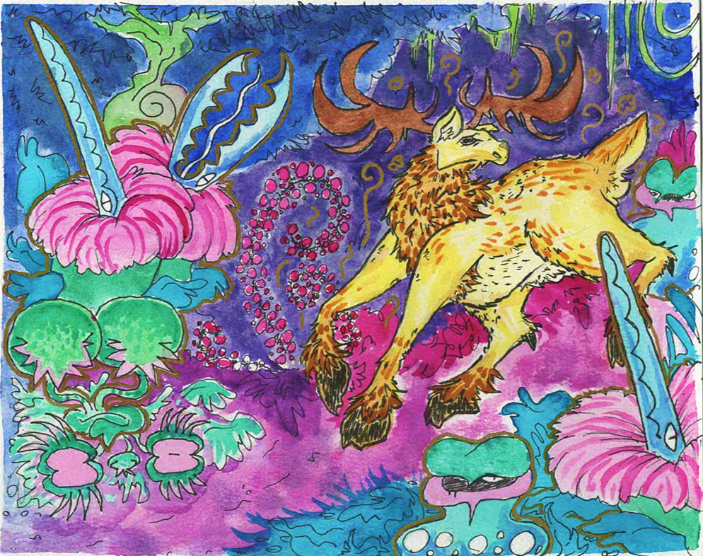 Two Worlds. Made with watercolor and some mixed media elements. I really wanted to test out my painting skills and see how bright I can get. My personal favorite detail is that the deer's inking has a lot more line variation than the world around it,