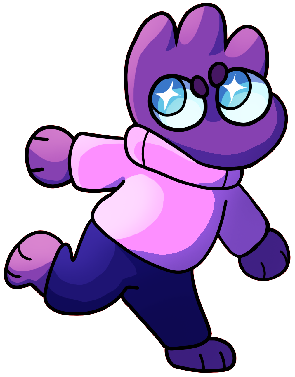 Lukky, the Alien. She has purple fur, blue eyes, a pink sweater, and blue pants. Her name is Lukky because the population of earth called her naturally lucky, but she doesn't know how to spell.