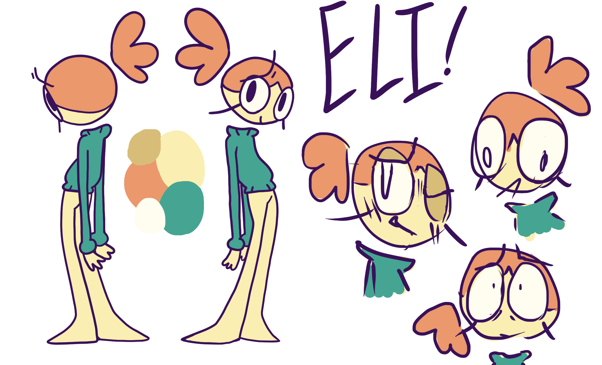 Eli from my show-in-progress 'Out of your Mind'. An abstract ginger girl with yellow skin and a green sweater.