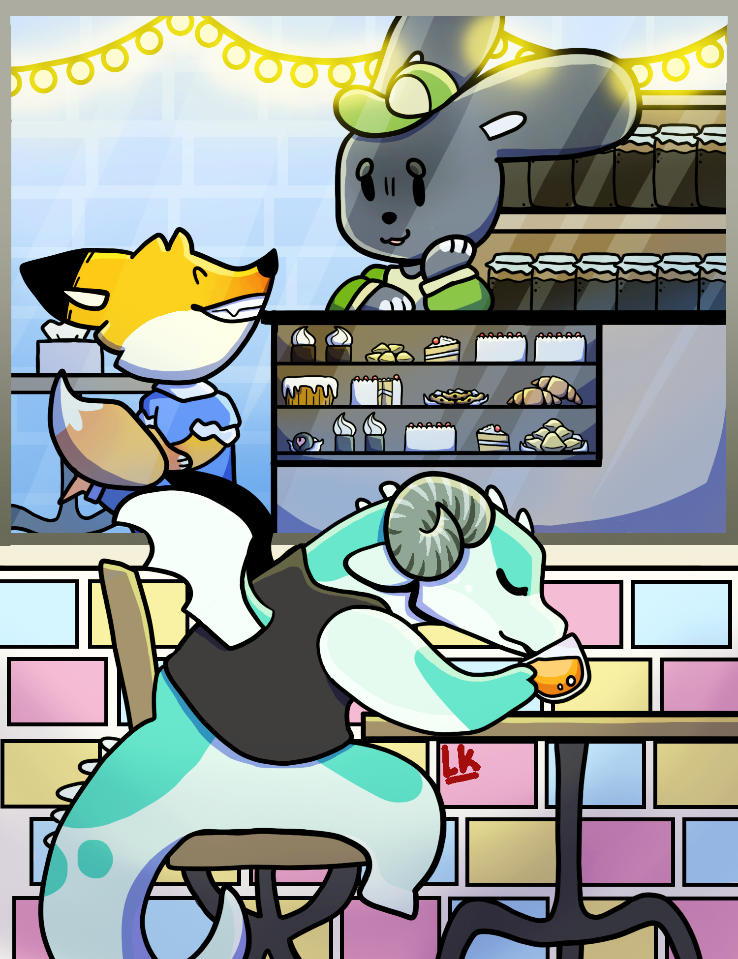 Anthropomorphic animals at a bakery counter with a variety of cakes and sweets, including a cyan dragon drinking from a cup, and a fox talking to the rabbit behind the counter.