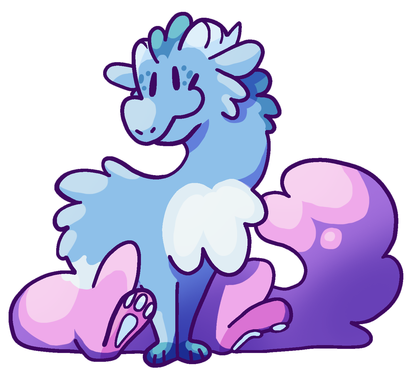 Coddin, the Dragon. He has light blue fur on his front side, and pink fur on his backside. His name is Coddin because the population of earth said his fur is like cotton, but he doesn't know how to spell.