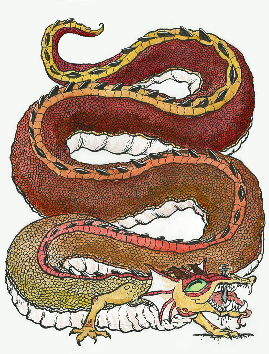 The Serpent is Dead! Rejoice! Made with watercolor and a brush pen. Pieces like these are like therapy to me, drawing that many scales is very calming (took about 8 hours for inking...)