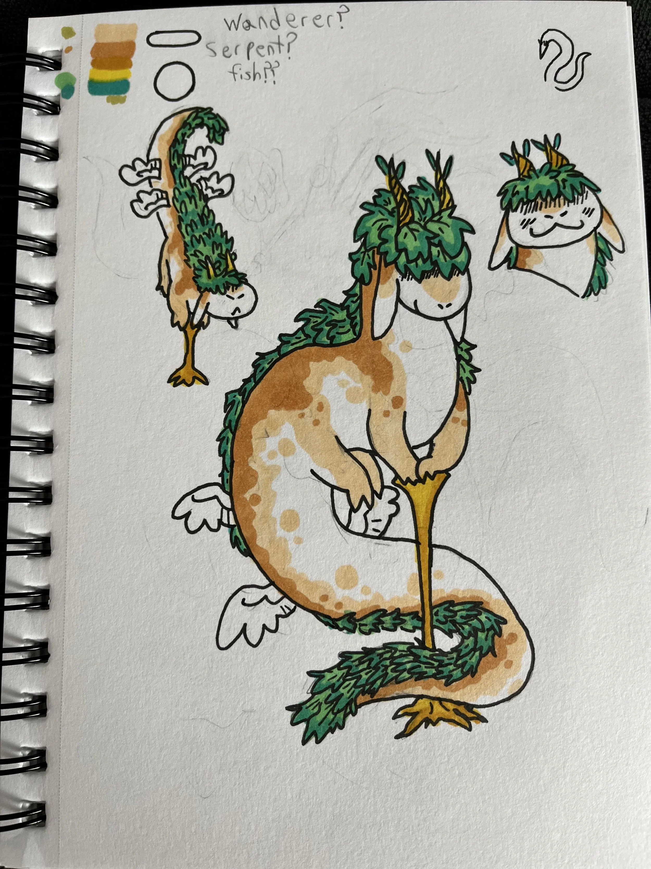 A forest sage creature with a snake-like body, leafy fur, and a goat-like face with horns. The creature has wings on its lower back, and is depicted in three different angles. Small swirls and checkmarks are at the top left, and a snake's head is at