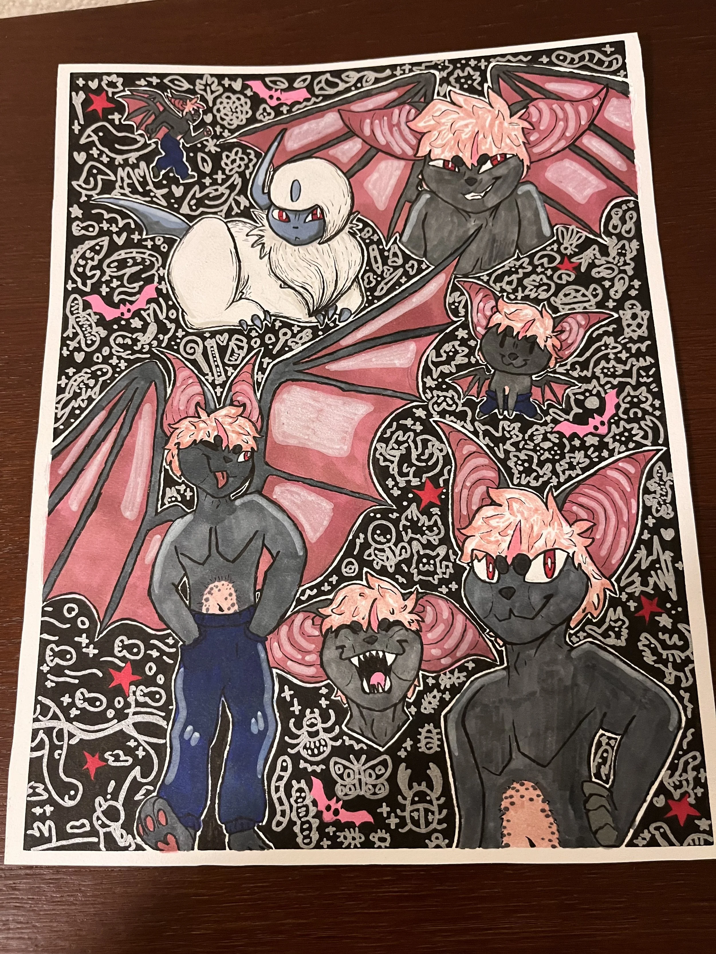 Character commission made with alcohol markers and other mixed media. Although hard to show on camera, the silver background is holographic and makes the negative space doodles shine in the light.