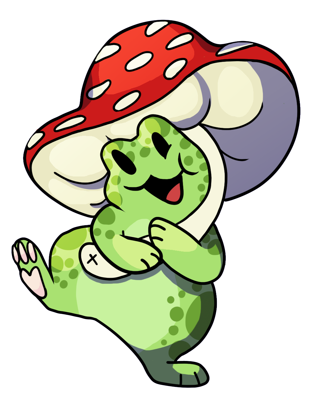 Fredrick the Frog and Roumy the Mushroom. a green frog holding a red and white mushroom with white spots.
