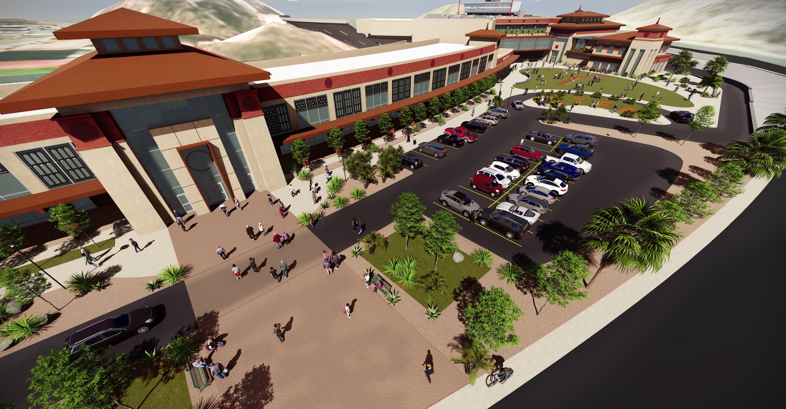 Modern office lounge with glass-walled meeting room, seating area with chairs and tables, and people working or chatting.