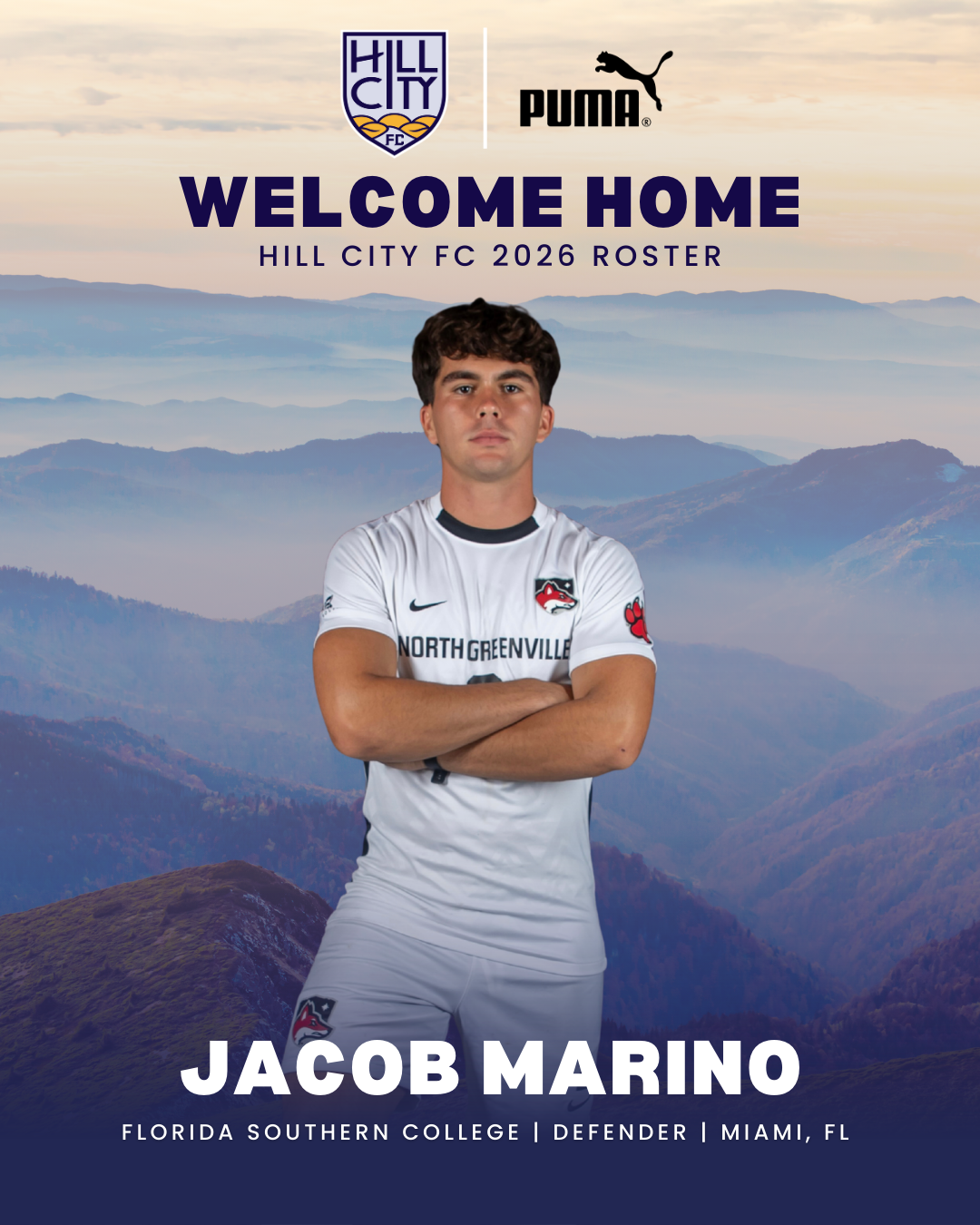 Poster announcing Jacob Marino as a new member of Hill City FC 2026 roster, with a background of mountains and sky, featuring logos of Hill City FC and Puma, and a photo of Jacob Marino in a soccer uniform.