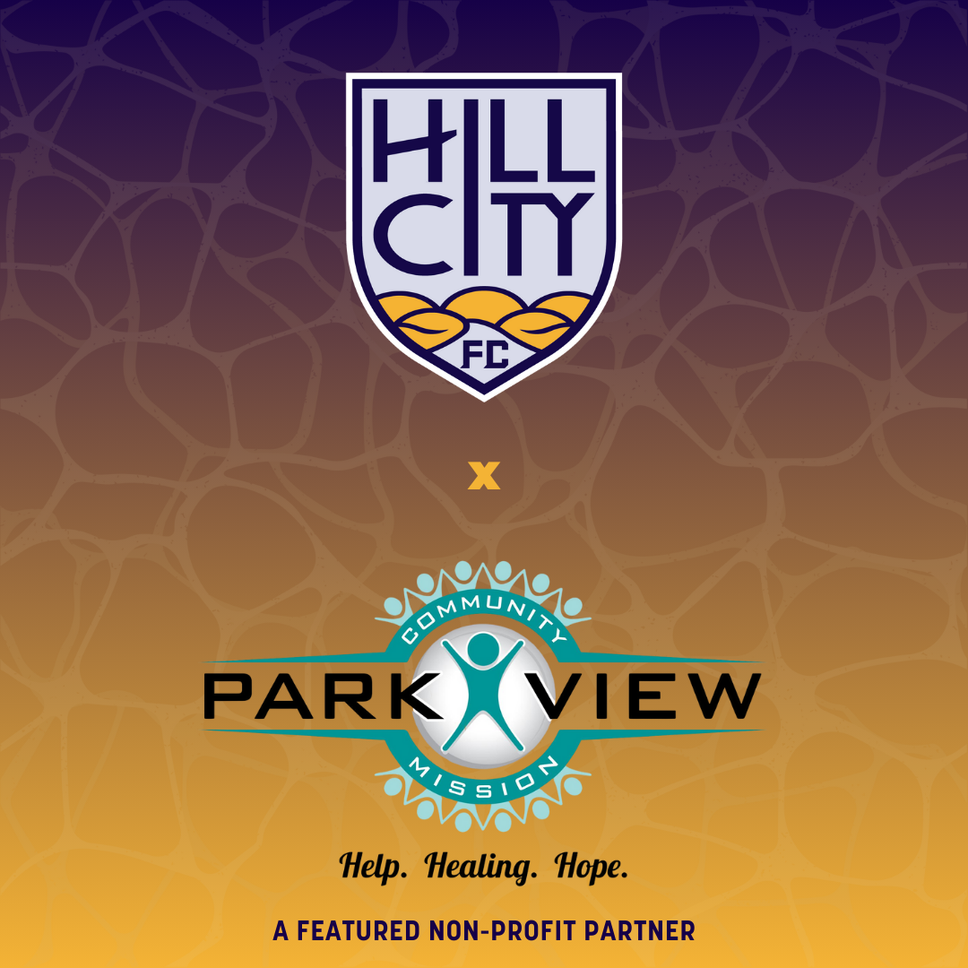 Graphic showing a partnership between Hill City FC and Parkview Community Mission with the slogan "Help. Healing. Hope." and the note "A featured non-profit partner." Logos of the two organizations are displayed against a gradient background.