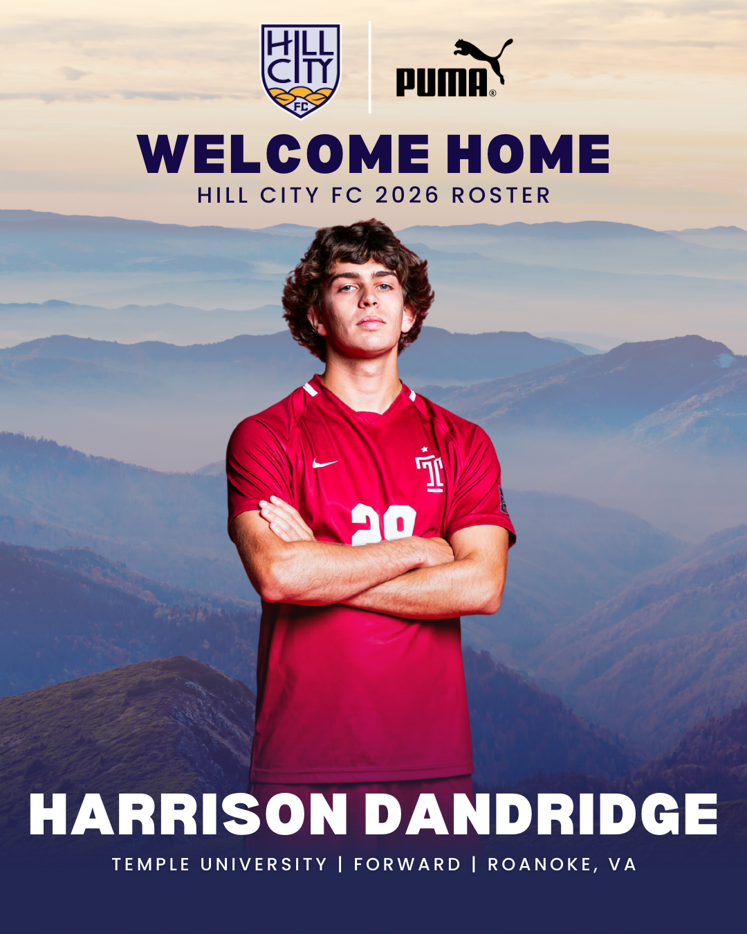 A promotional poster featuring a male soccer player in a red jersey with crossed arms against a mountain landscape background. The poster includes logos of Hill City FC and Puma, and text welcoming him to the team, identifying him as Harrison Dandridge from Temple University, Forward, Roanoke, VA.