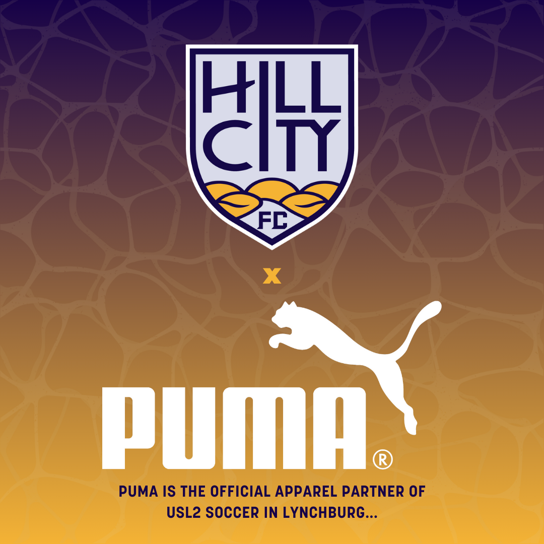 Logos of Hill City FC and Puma with a background of abstract network design, caption states Puma is official apparel partner of USL2 soccer in Lynchburg.