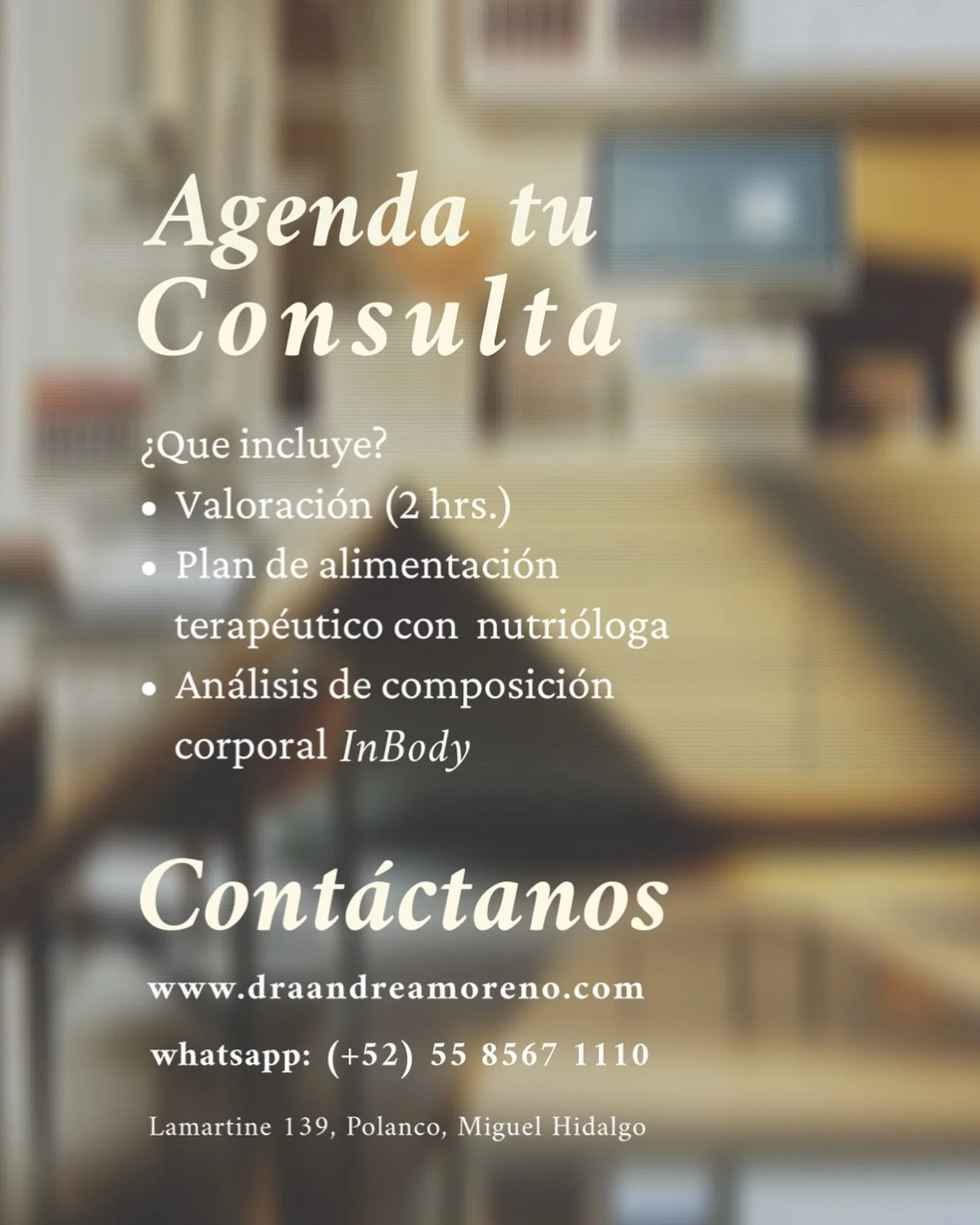 Te recuerdo que puedes agendar tu cita desde la p&aacute;gina web, donde encontrar&aacute;s el calendario y todas las alternativas de atenci&oacute;n: online, en el ABC Santa Fe o en la Cl&iacute;nica en Polanco.

www.draandeeamoreno.com
WhatsApp: (+