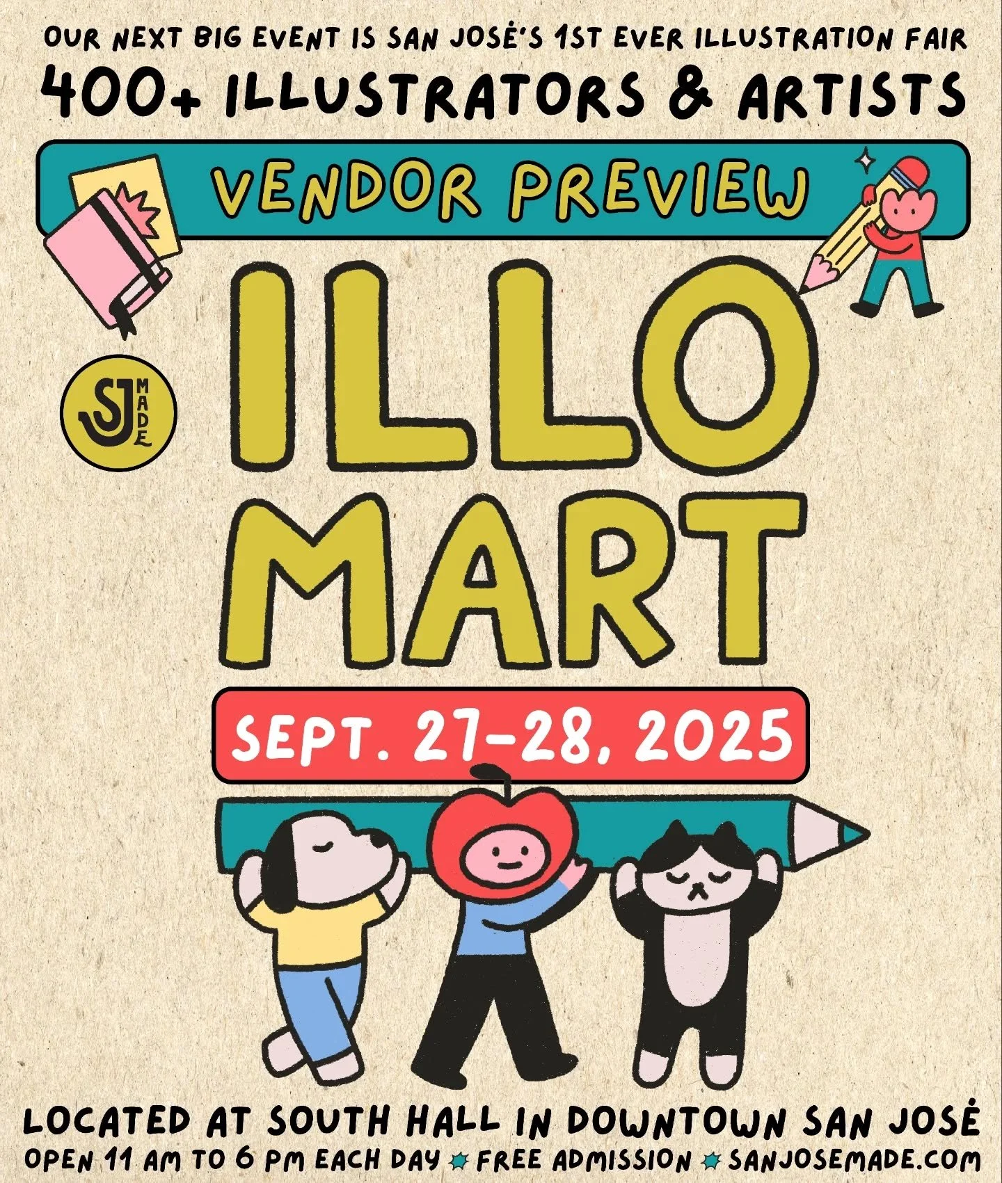 🎨✨🎉 Our next BIG event is the 1st ever illustration fair in San José: @sjmade ILLO MART!
💜 Happening on Sept. 27-28, 2025. Locatedt indoors at South Hall, 435 S Market St, San José, CA. Open 11 am to 6 pm each day. Free admission.