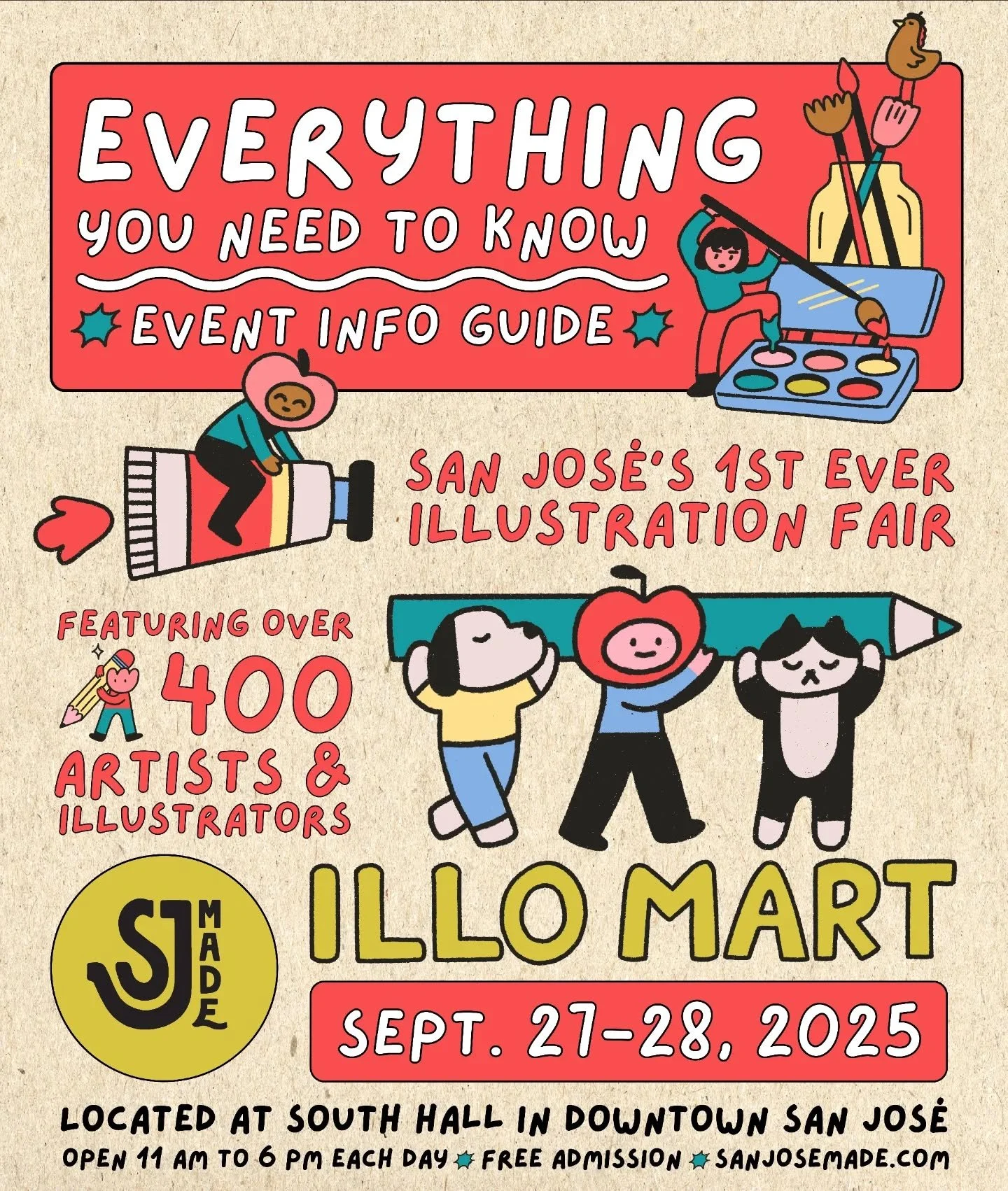 ✨ Everything you need to know about this weekend’s big event: ILLO MART. The first ever illustration fair in San José, CA. Our new big event.
🎉 Happening on Sept. 27-28, 2025. Located indoors at South Hall, 435 S Market St, San Jos&eac