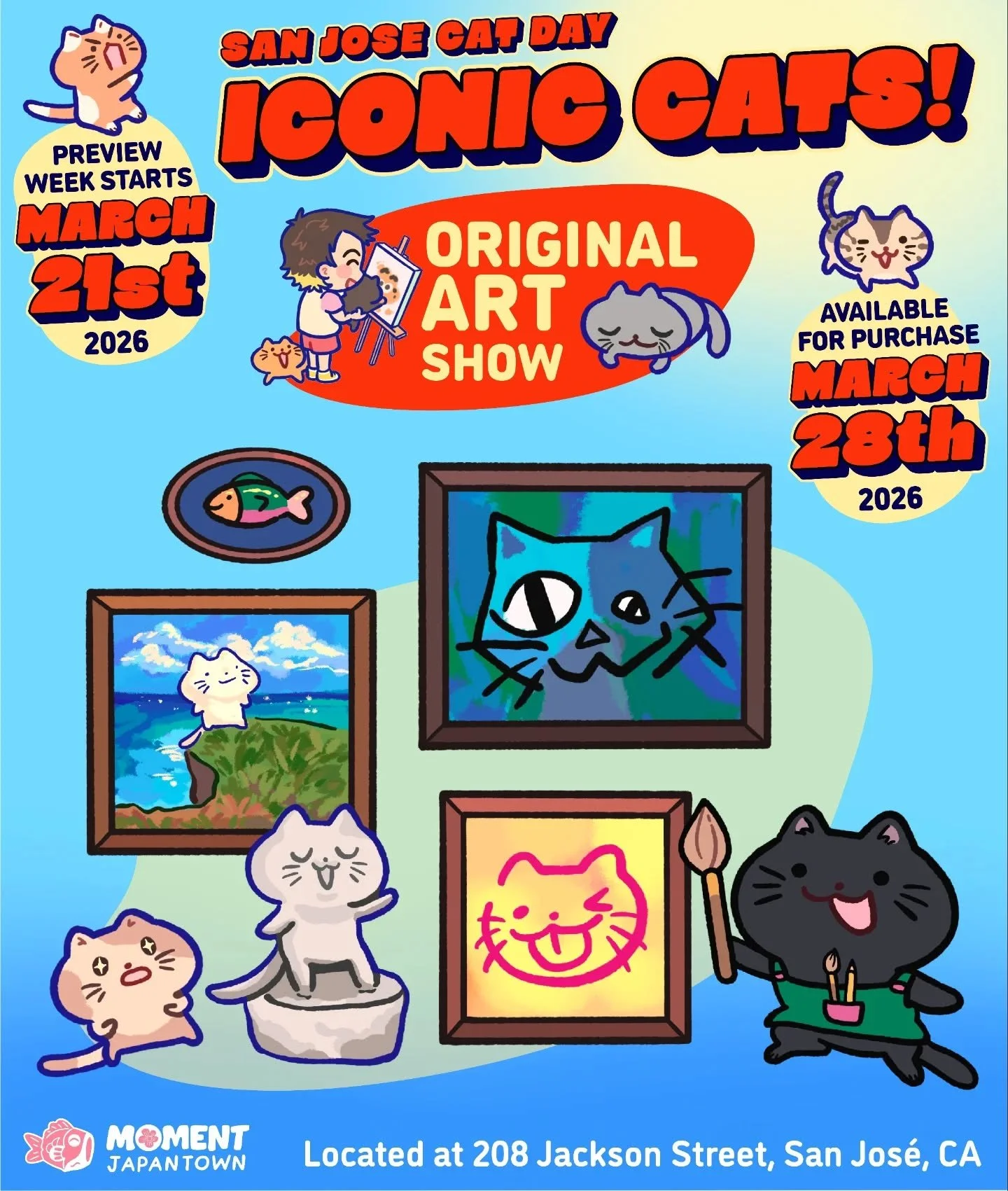 😽🎉 ICONIC CATS, an original art show that is part of San Jos&eacute; Cat Day 2026, will open for preview week this Saturday (Mar. 21) at @moment.jtown. This means you&rsquo;ll be able to view and enjoy all of the art pieces between Mar. 21 and Mar.