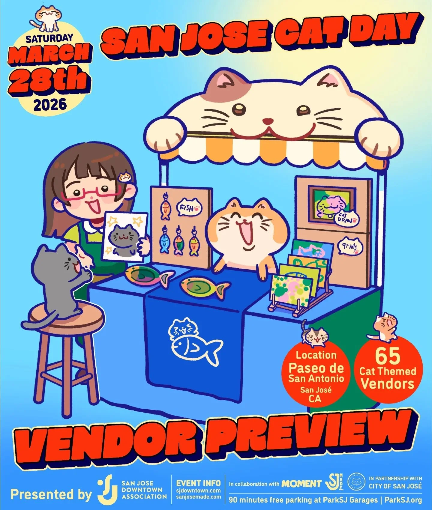 😻 View a preview of our vendor marketplace for San Jos&eacute; Cat Day 2026!

😽 In order of appearance in the carousel:
@bunnydee (A117)
@babycatsofca (A118)
@_goyangii (C308)
@yayitsvica (A109)
@rose_gold_jelly (B212)
@eww.wet.food (C306)
@thelisa